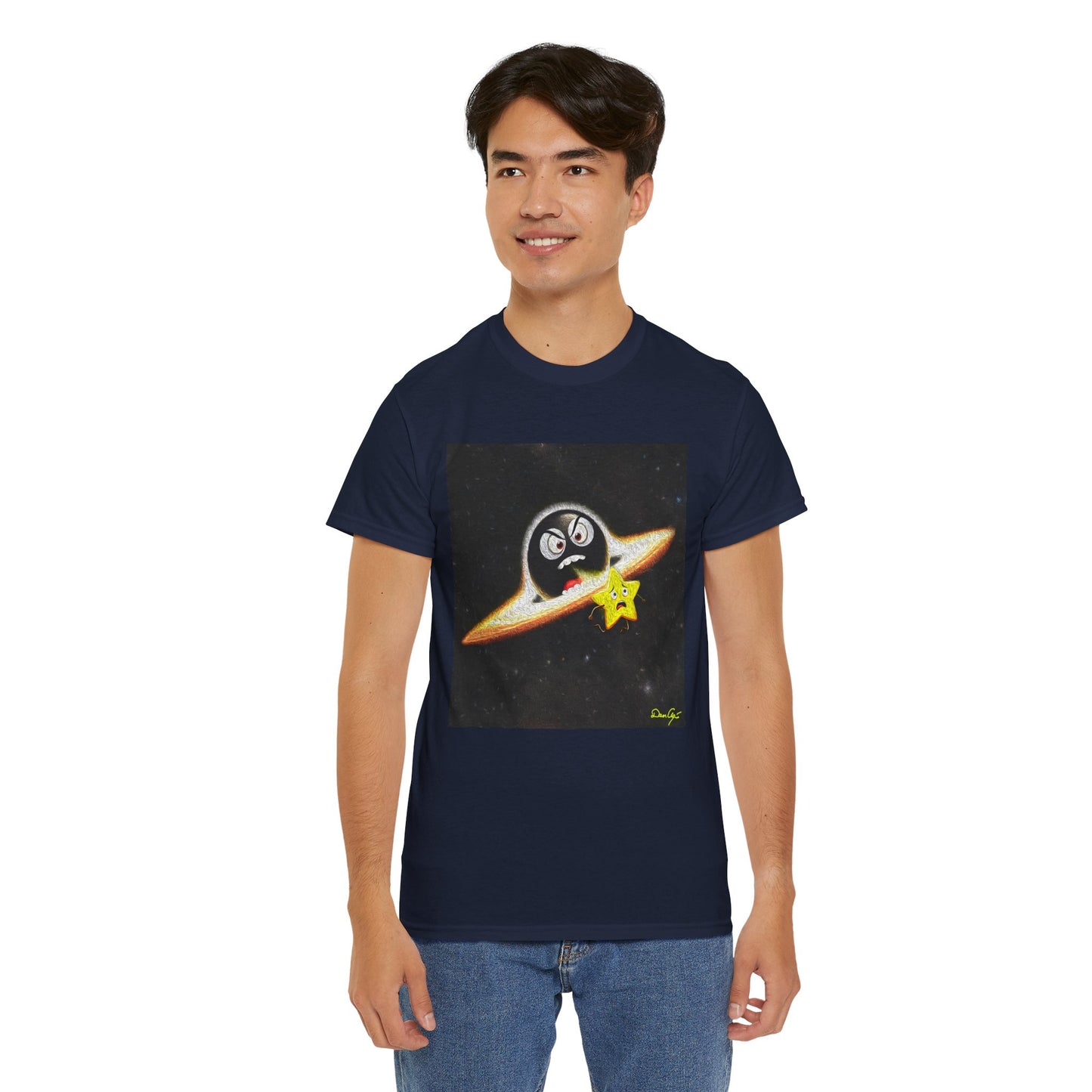 BlackHole Chasing Star, Space-Themed Unisex Heavy Cotton Tee with Cartoon Penguin Design, graphic design, png