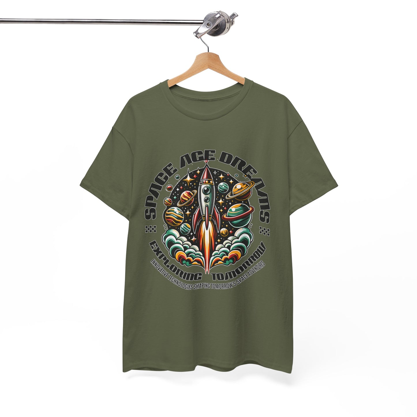 Space Age Dreams, Unisex Heavy Cotton Tee - Retro Rocket Design for Space Lovers, graphic design, png
