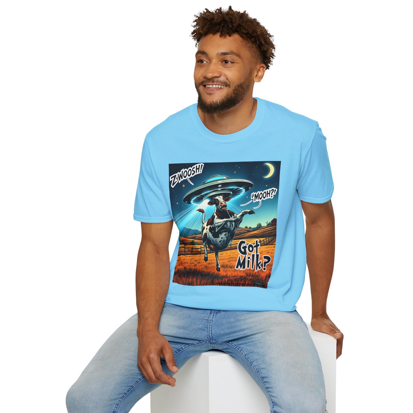 Funny Alien Cow T-Shirt - Got Milk? Unisex Soft style graphic Tee, UFO, galaxies, space, Blackhole, graphic design, png, sublimation