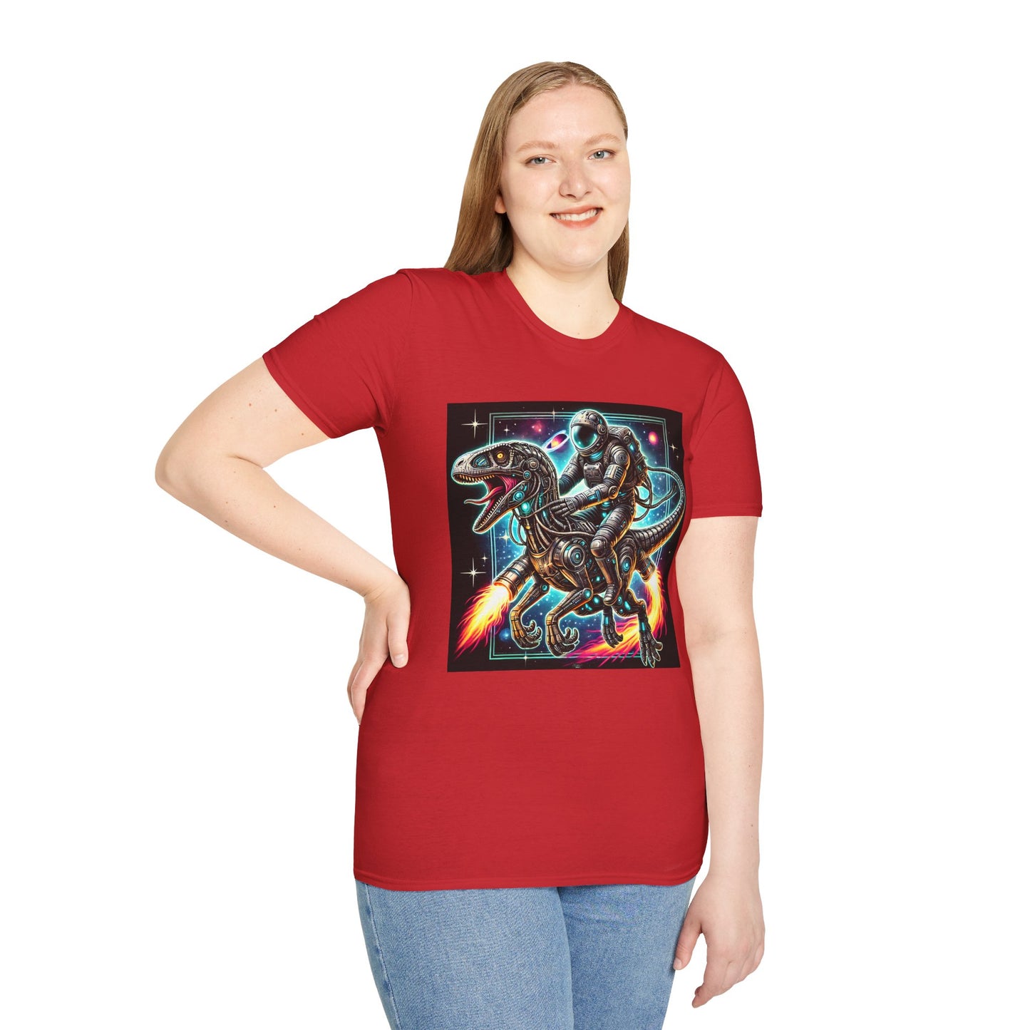Cosmic Dinosaur Rider Softstyle T-Shirt | Fun Graphic Tee, Unique Gift, Space Lover Shirt, Sci-Fi Enthusiast Apparel