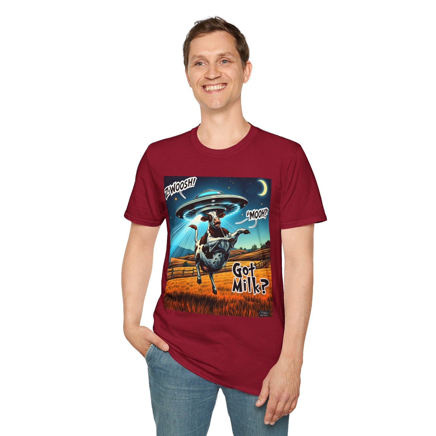 Funny Alien Cow T-Shirt - Got Milk? Unisex Soft style graphic Tee, UFO, galaxies, space, Blackhole, graphic design, png, sublimation