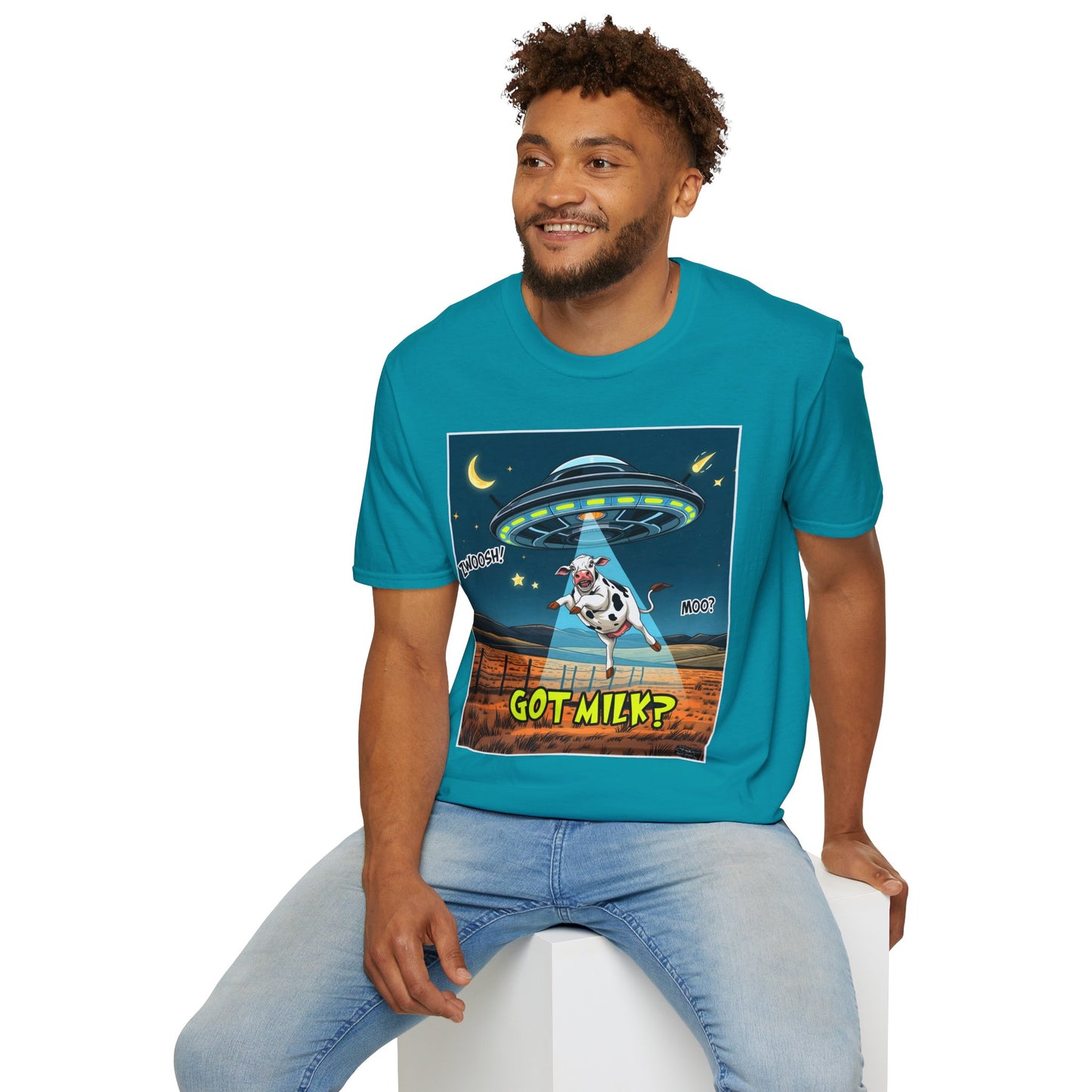 Got Milk? Cow UFO Unisex Softstyle T-Shirt – Fun Graphic Tee for Dairy Lovers, graphic tees, t-shirt, tshirt, graphic design, png