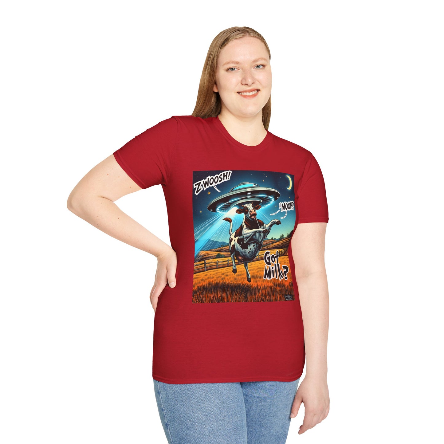 Funny Alien Cow T-Shirt - Got Milk? Unisex Soft style graphic Tee, UFO, galaxies, space, Blackhole, graphic design, png, sublimation
