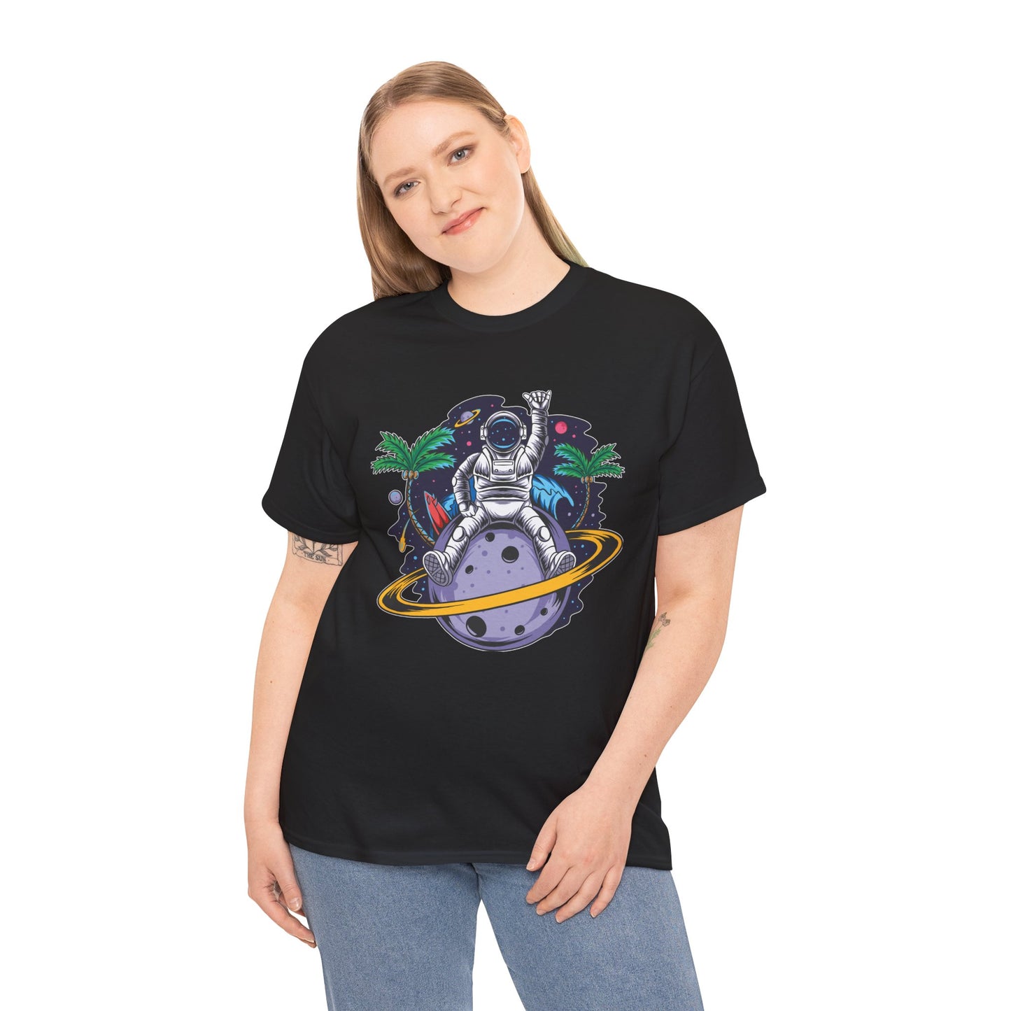 Cosmic Adventure, Unisex Heavy Cotton Tee - Astronaut & Planet Design, graphic design, png, art