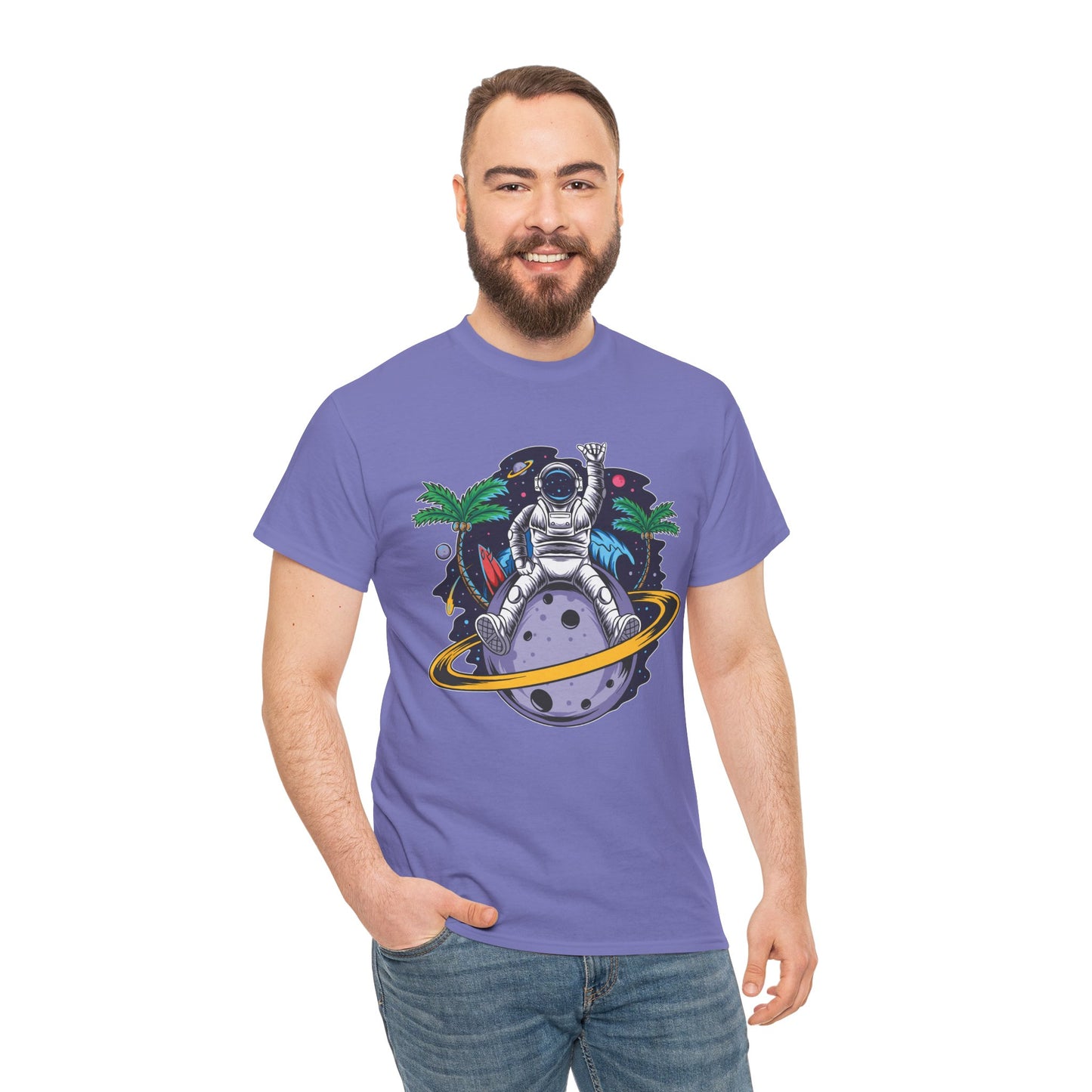 Cosmic Adventure, Unisex Heavy Cotton Tee - Astronaut & Planet Design, graphic design, png, art