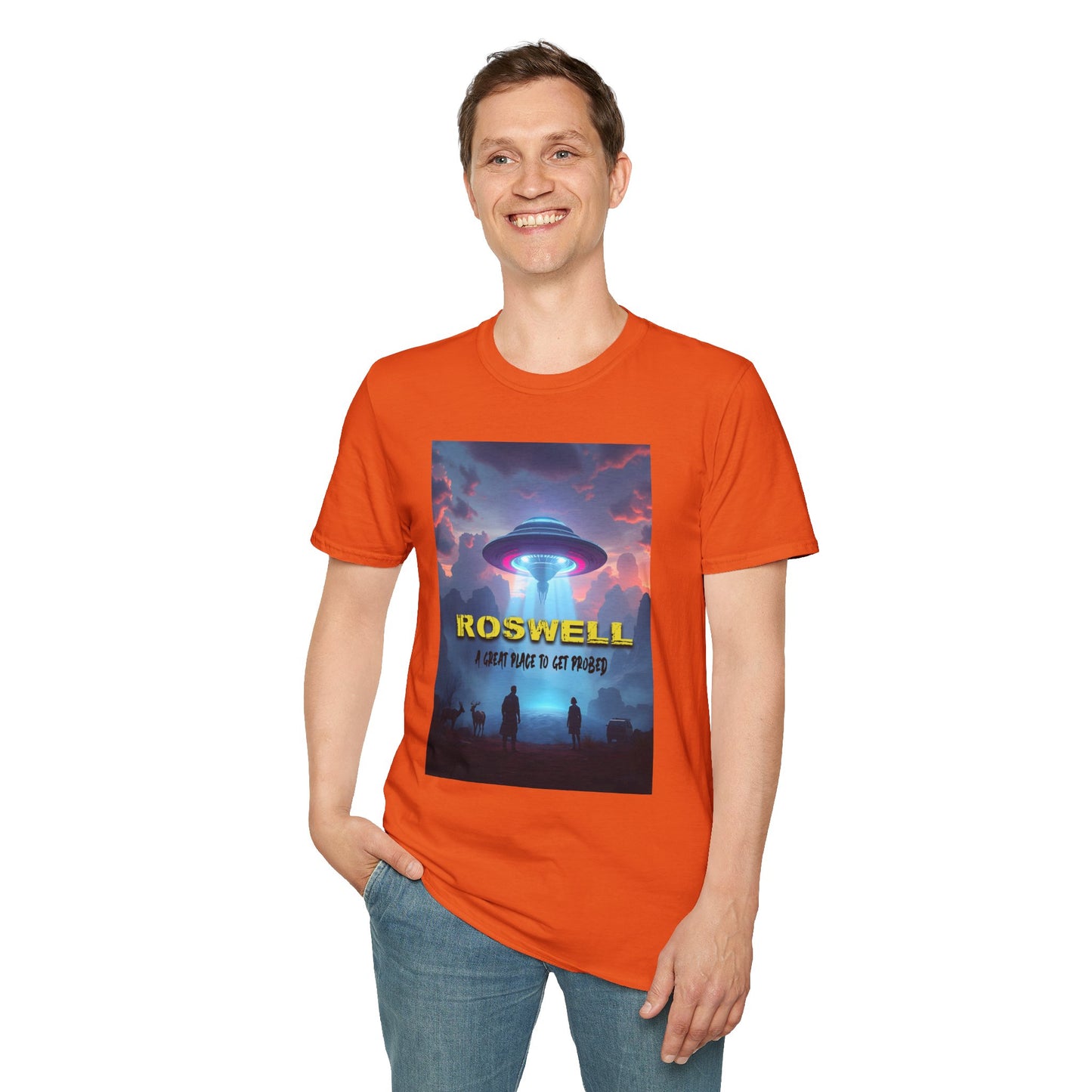 Roswell Probed Retro T-Shirt - Alien UFO Lover Gift, Sci-Fi Apparel, Extraterrestrial Tee, Unisex Softstyle Clothing, graphic design, png