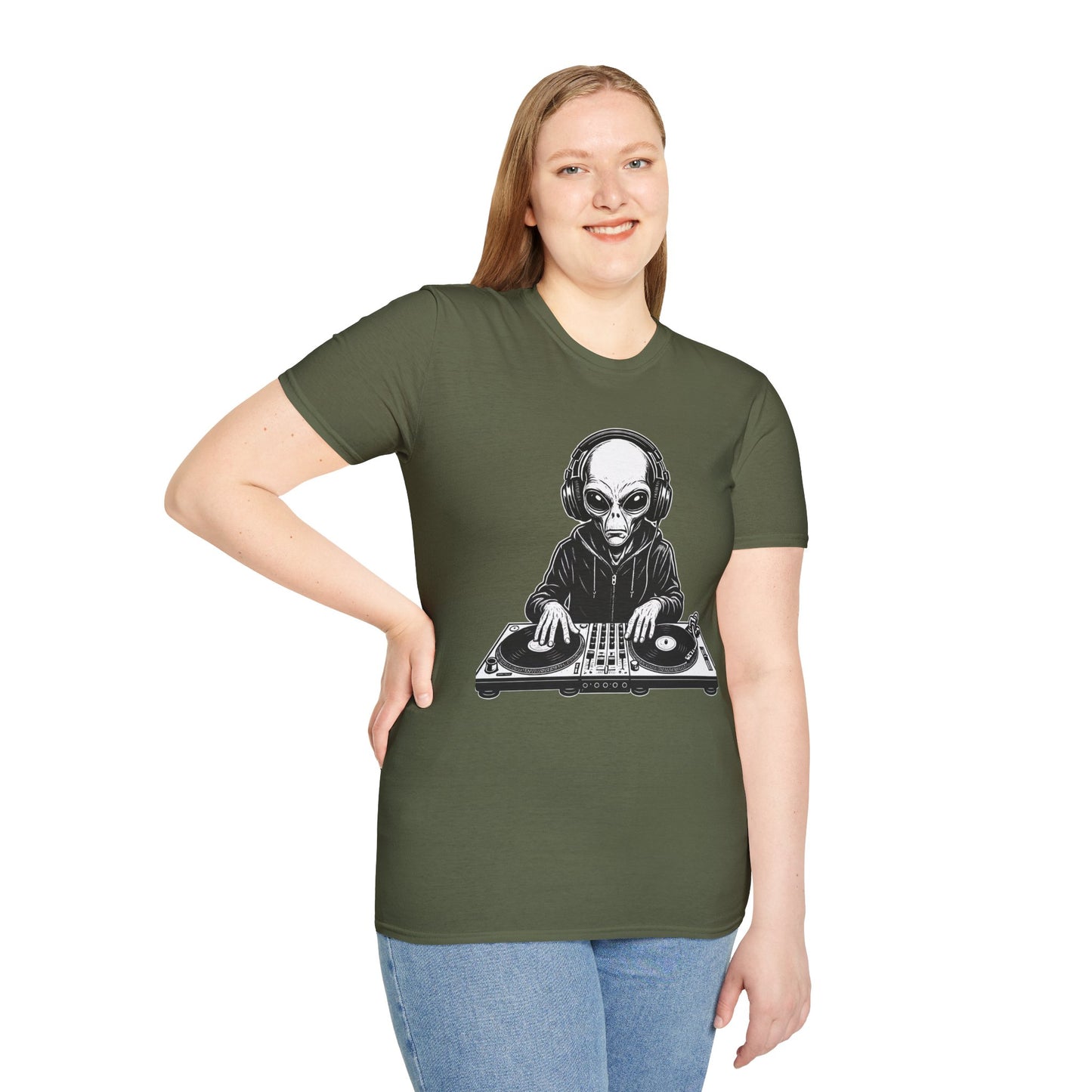 DJ Alien Graphic T-Shirt | Unisex Softstyle Tee for Music Lovers, Gifts for DJs, Cool Casual Wear, Festival Apparel, Unique Alien Design