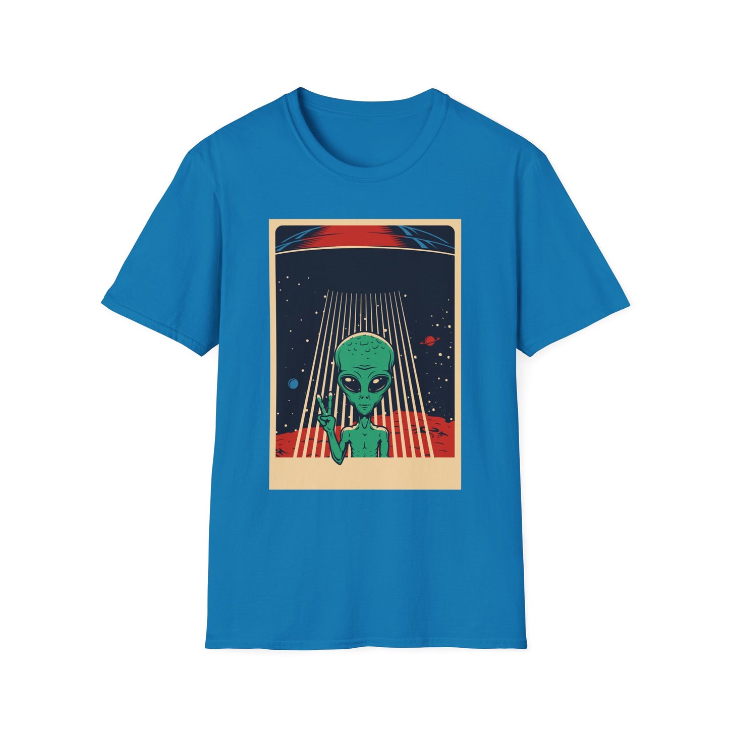 Cosmic Alien Peace Unisex Softstyle T-Shirt, Vintage UFO Tee, Space Lover Gift, Sci-Fi Fan Shirt, Trendy Graphic Tee, GraphicTees, t-shirts