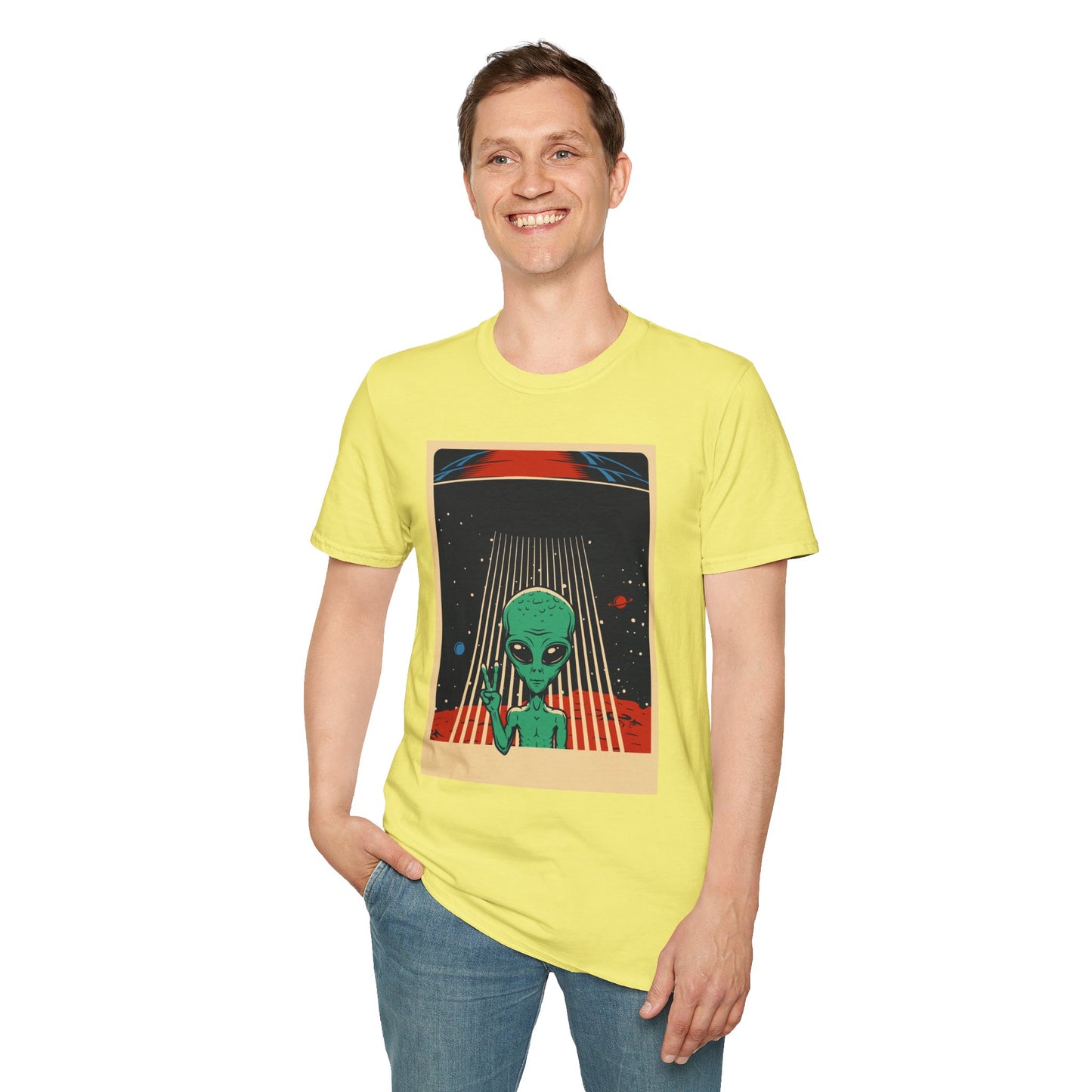 Cosmic Alien Peace Unisex Softstyle T-Shirt, Vintage UFO Tee, Space Lover Gift, Sci-Fi Fan Shirt, Trendy Graphic Tee, GraphicTees, t-shirts