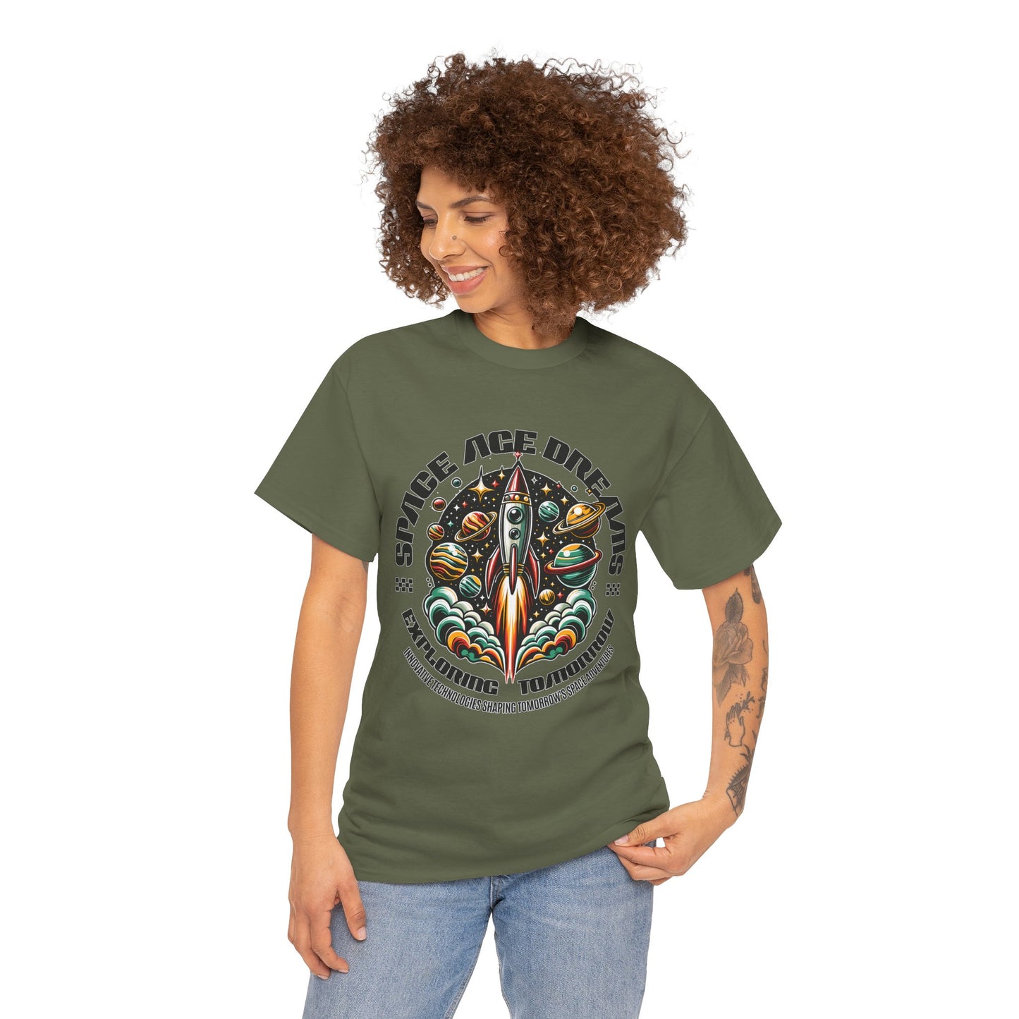 Space Age Dreams, Unisex Heavy Cotton Tee - Retro Rocket Design for Space Lovers, graphic design, png