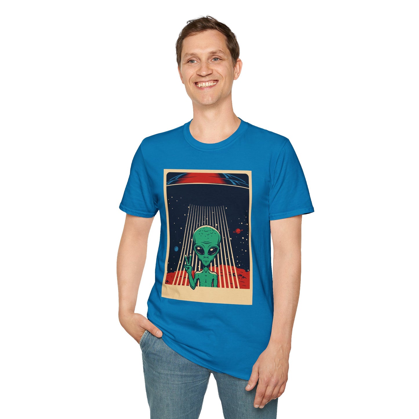 Cosmic Alien Peace Unisex Softstyle T-Shirt, Vintage UFO Tee, Space Lover Gift, Sci-Fi Fan Shirt, Trendy Graphic Tee, GraphicTees, t-shirts