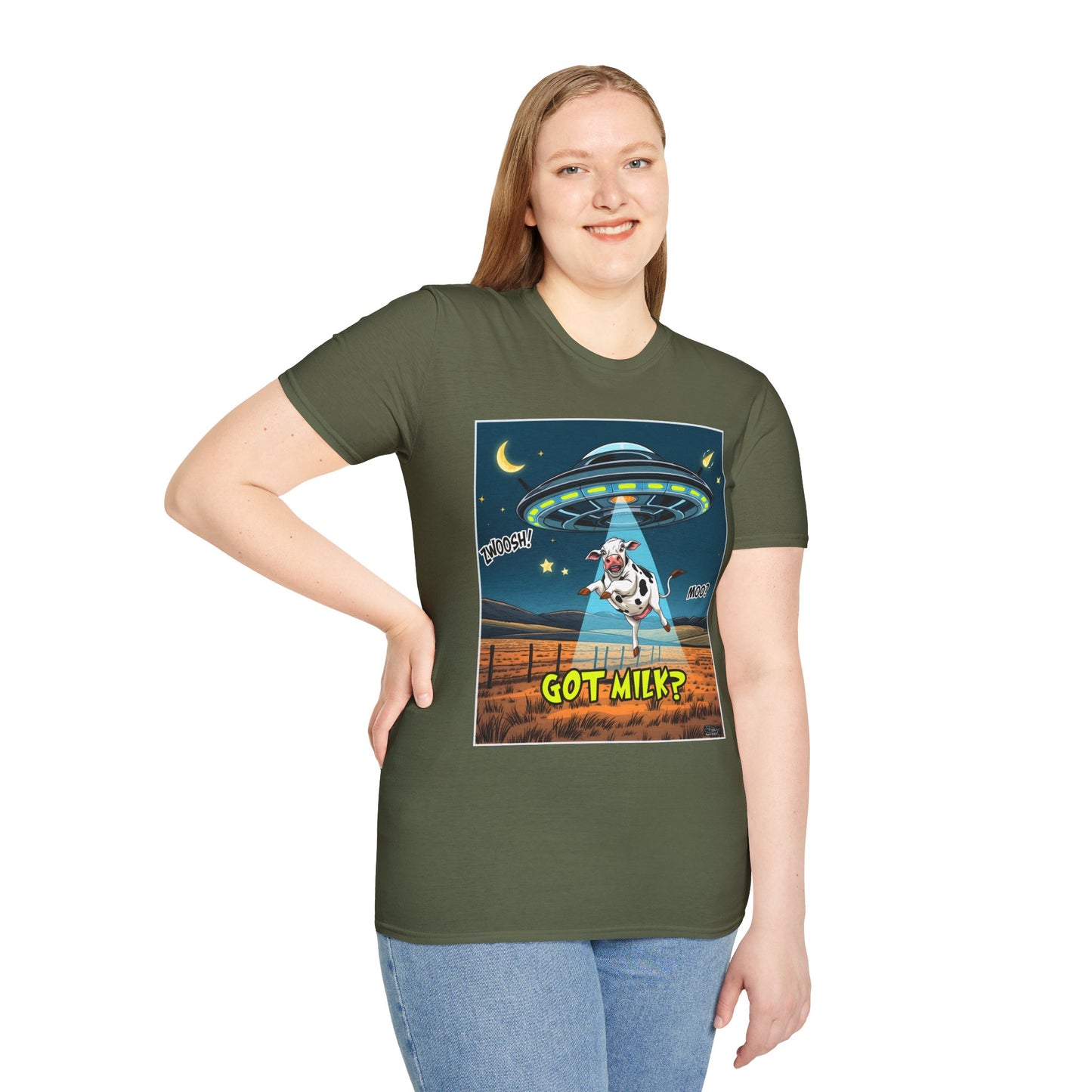 Got Milk? Cow UFO Unisex Softstyle T-Shirt – Fun Graphic Tee for Dairy Lovers, graphic tees, t-shirt, tshirt, graphic design, png
