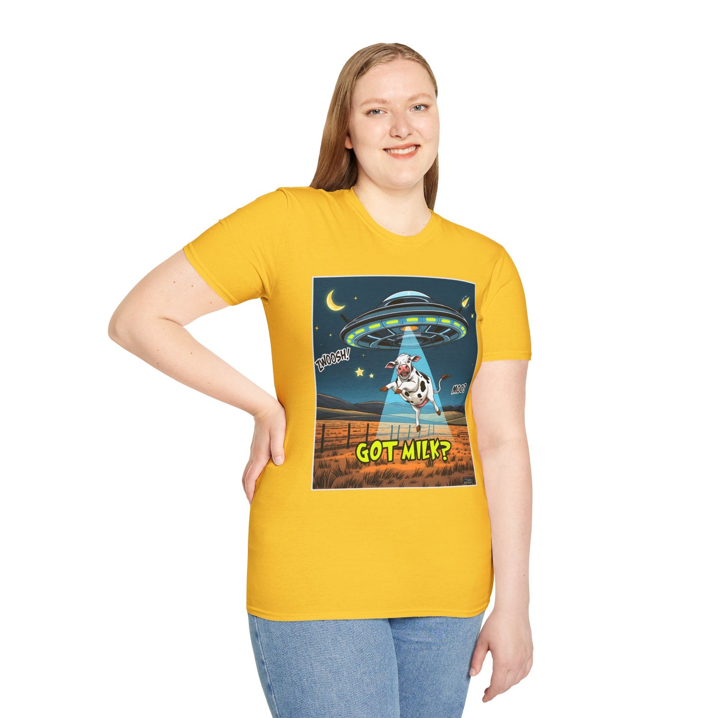 Got Milk? Cow UFO Unisex Softstyle T-Shirt – Fun Graphic Tee for Dairy Lovers, graphic tees, t-shirt, tshirt, graphic design, png