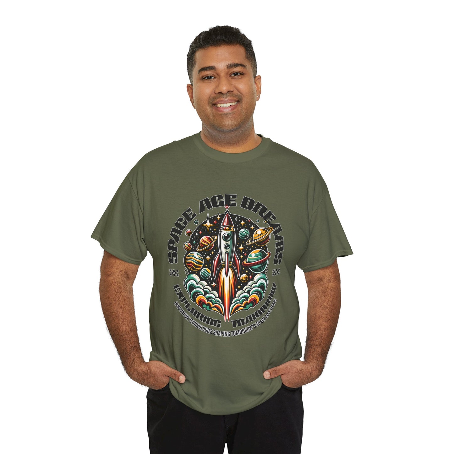 Space Age Dreams, Unisex Heavy Cotton Tee - Retro Rocket Design for Space Lovers, graphic design, png