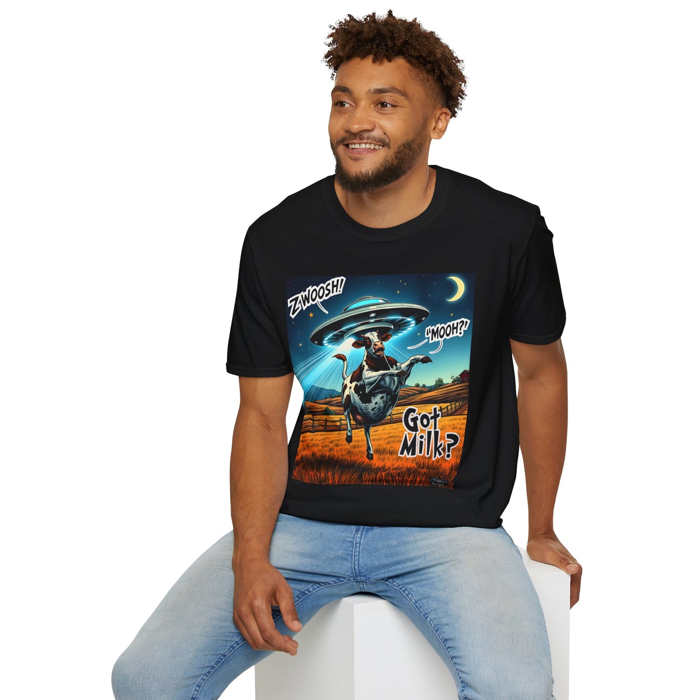 Funny Alien Cow T-Shirt - Got Milk? Unisex Soft style graphic Tee, UFO, galaxies, space, Blackhole, graphic design, png, sublimation