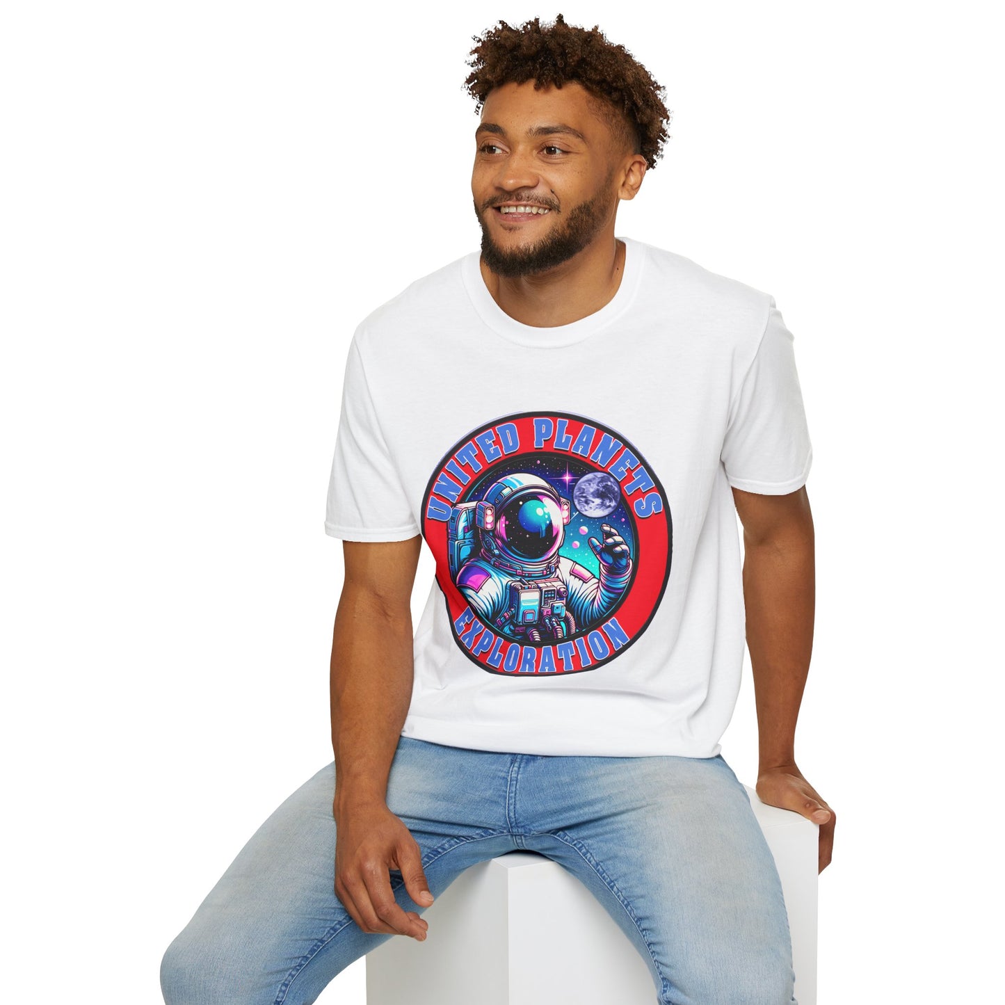 United Planets Exploration Astronaut T-Shirt, Science Themed Tee, Outer Space Shirt for Gift, Birthday, Unisex Softstyle Apparel