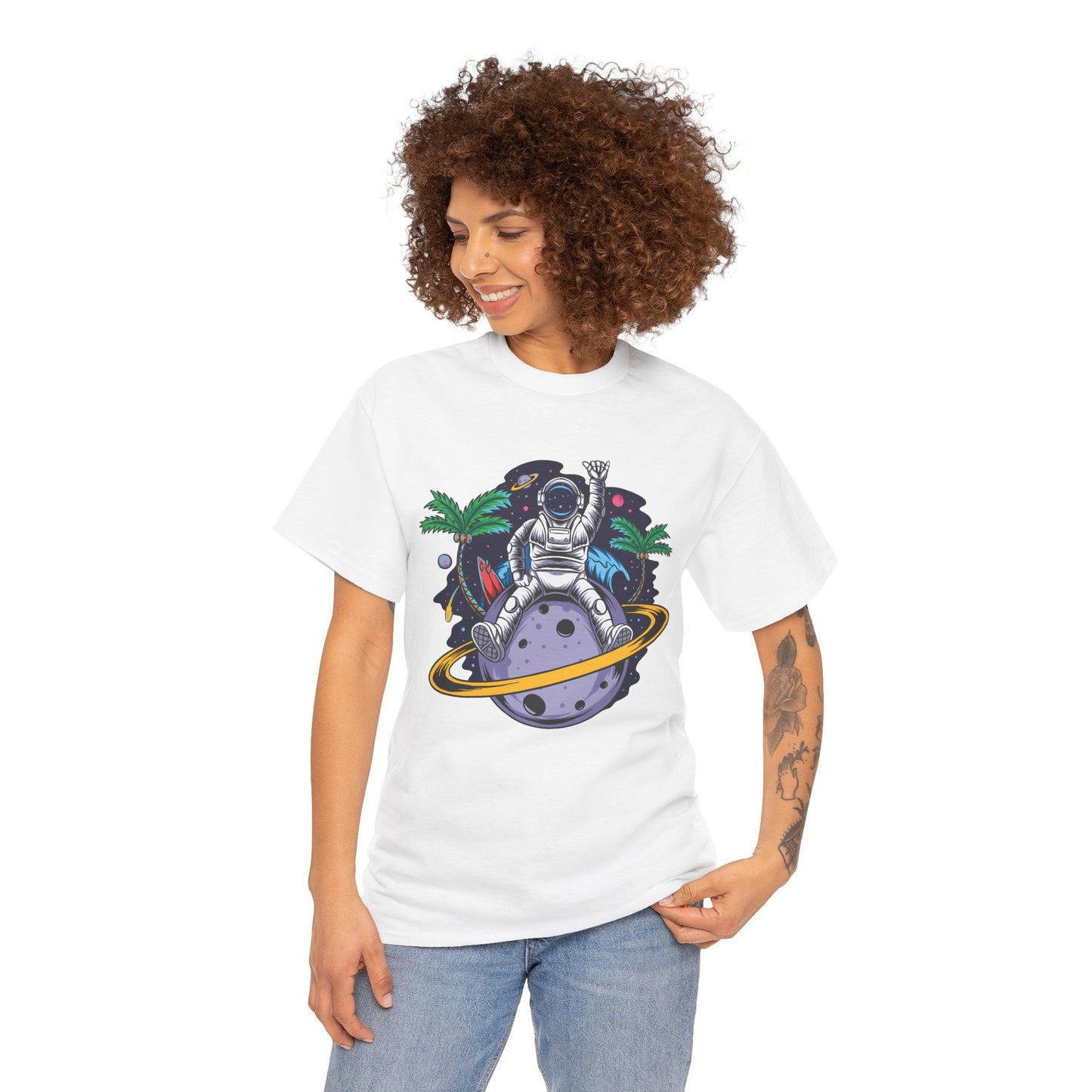 Cosmic Adventure, Unisex Heavy Cotton Tee - Astronaut & Planet Design, graphic design, png, art