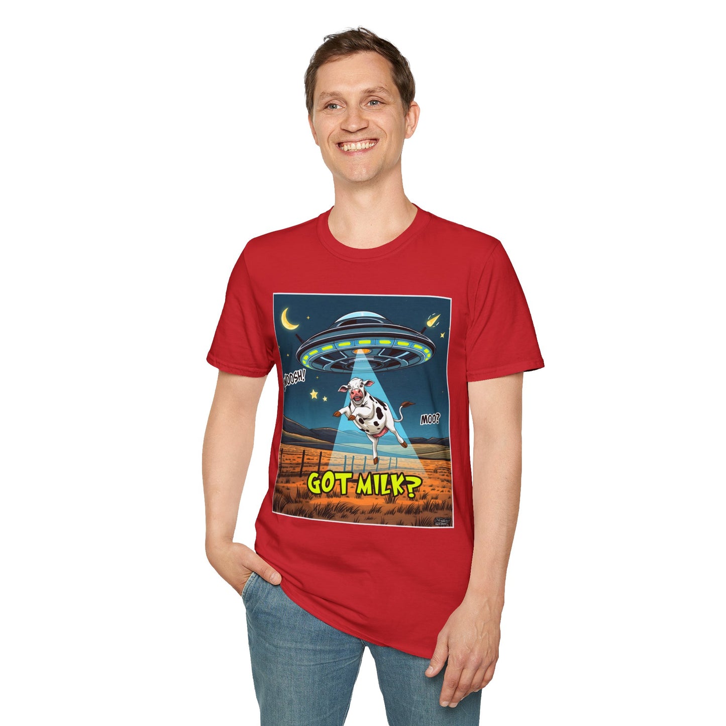 Got Milk? Cow UFO Unisex Softstyle T-Shirt – Fun Graphic Tee for Dairy Lovers, graphic tees, t-shirt, tshirt, graphic design, png