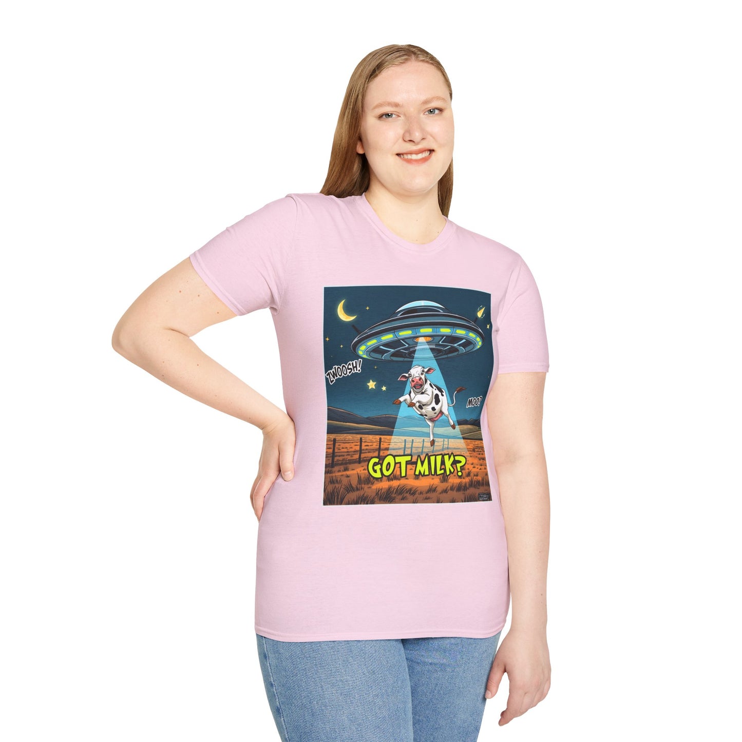 Got Milk? Cow UFO Unisex Softstyle T-Shirt – Fun Graphic Tee for Dairy Lovers, graphic tees, t-shirt, tshirt, graphic design, png