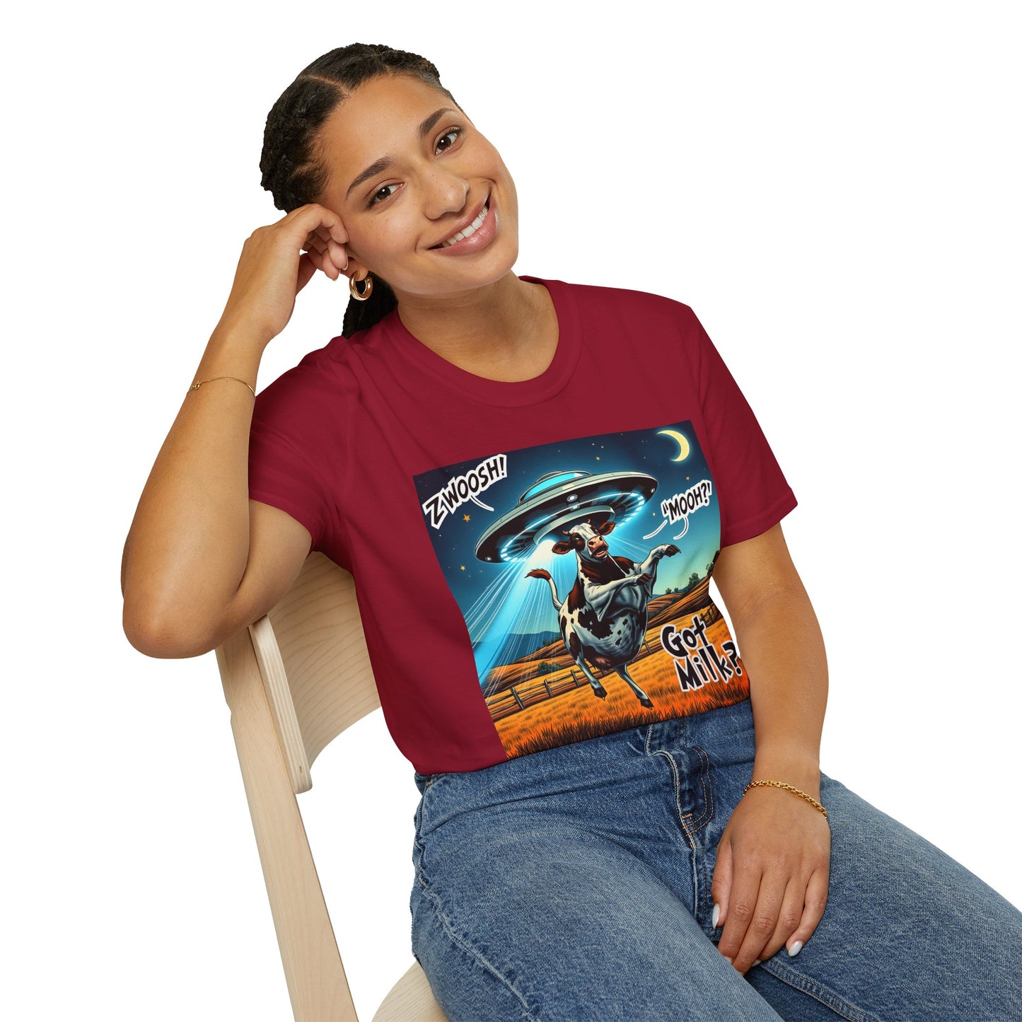 Funny Alien Cow T-Shirt - Got Milk? Unisex Soft style graphic Tee, UFO, galaxies, space, Blackhole, graphic design, png, sublimation