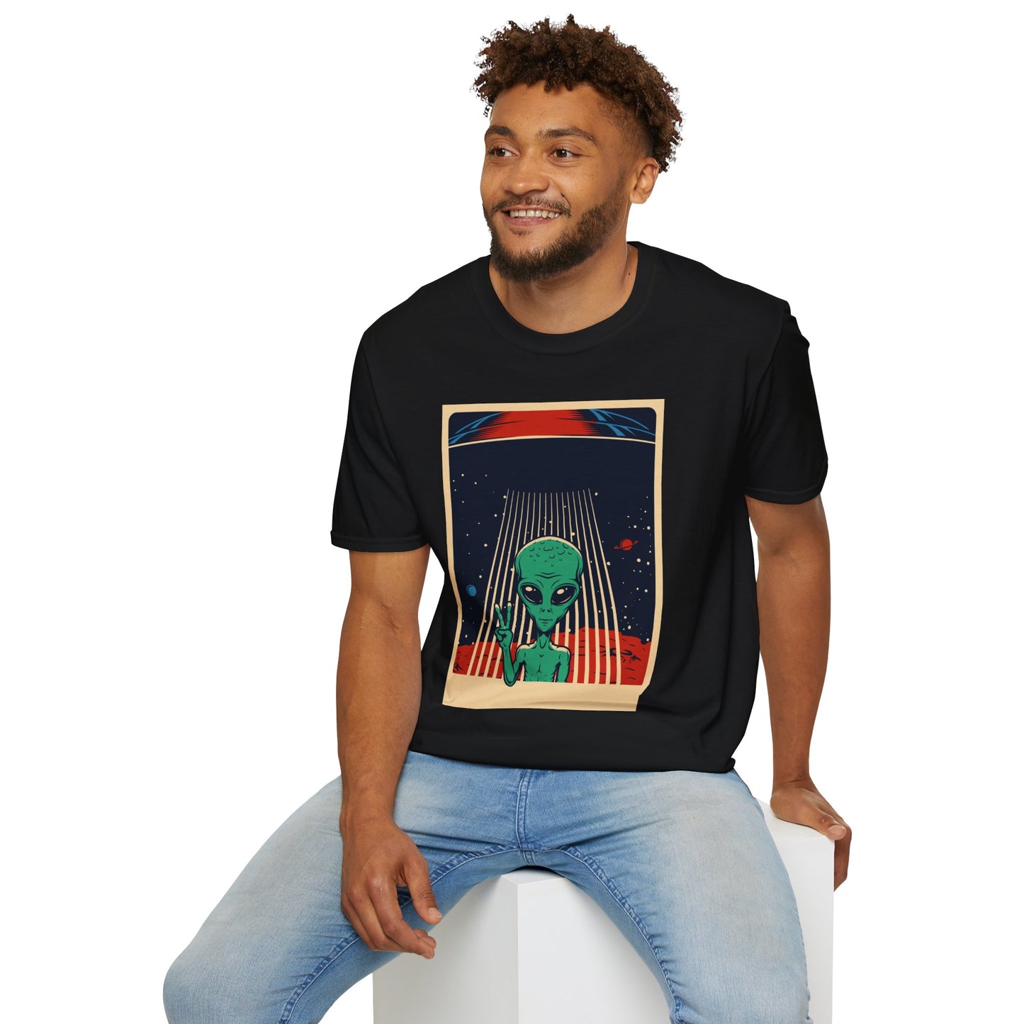 Cosmic Alien Peace Unisex Softstyle T-Shirt, Vintage UFO Tee, Space Lover Gift, Sci-Fi Fan Shirt, Trendy Graphic Tee, GraphicTees, t-shirts