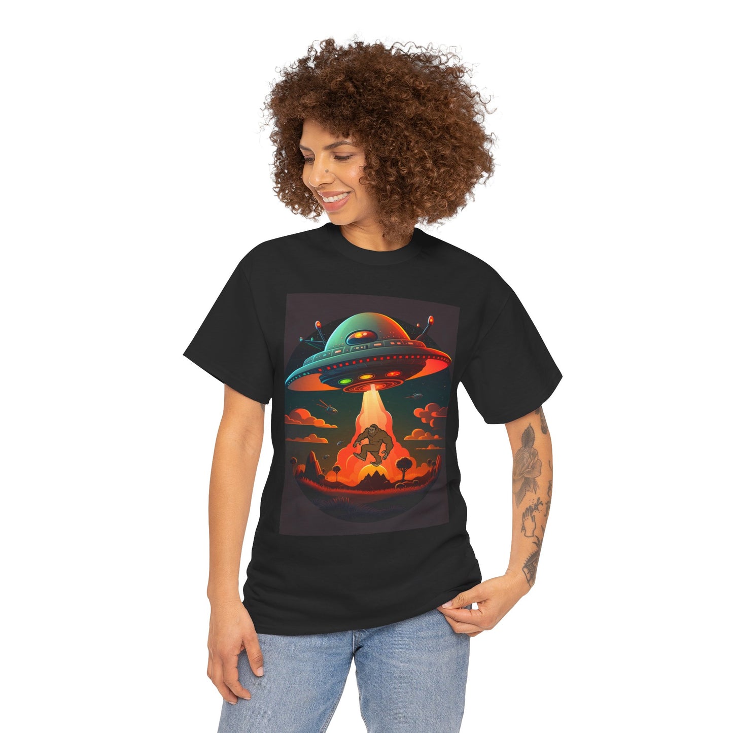 UFO, Bigfoot, Unisex Heavy Cotton Tee, graphic design, t-shirt, t-shirts, tshirts, png