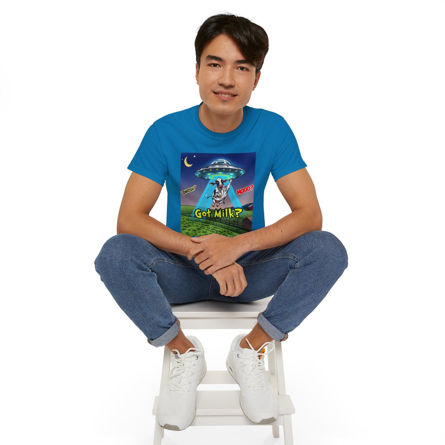 Got Milk? Funny Unisex Ultra Cotton Tee - Humorous Cow and UFO Design, graphic tee, t-shirts, tshirt, png, sublimation
