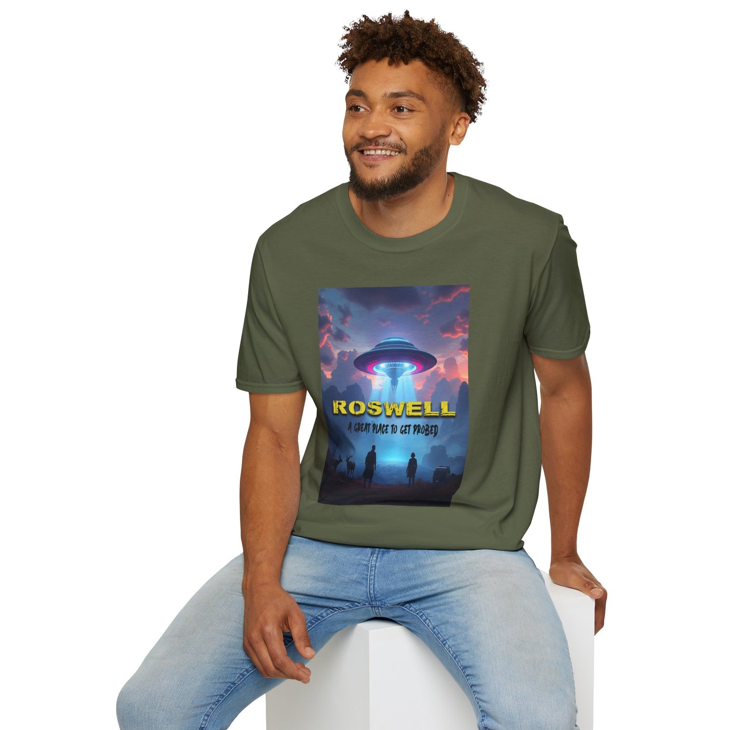 Roswell Probed Retro T-Shirt - Alien UFO Lover Gift, Sci-Fi Apparel, Extraterrestrial Tee, Unisex Softstyle Clothing, graphic design, png