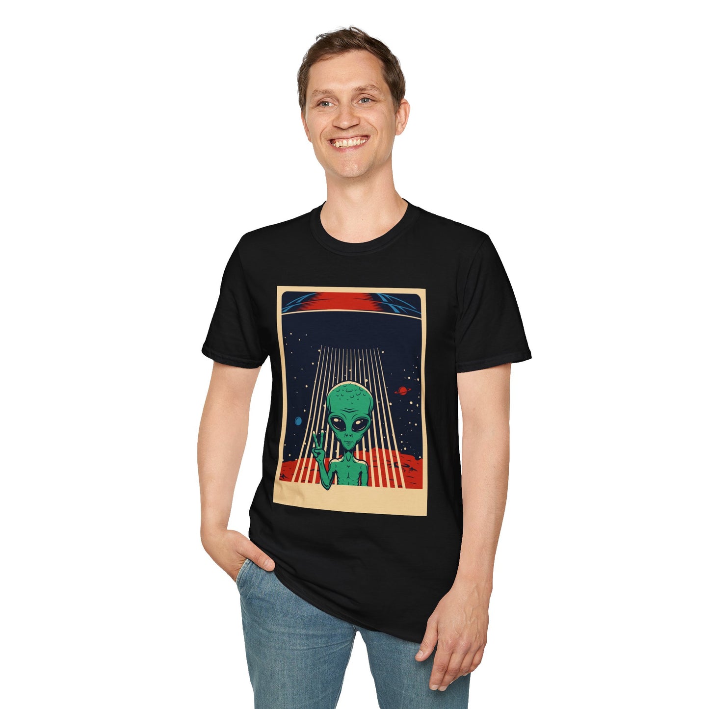 Cosmic Alien Peace Unisex Softstyle T-Shirt, Vintage UFO Tee, Space Lover Gift, Sci-Fi Fan Shirt, Trendy Graphic Tee, GraphicTees, t-shirts