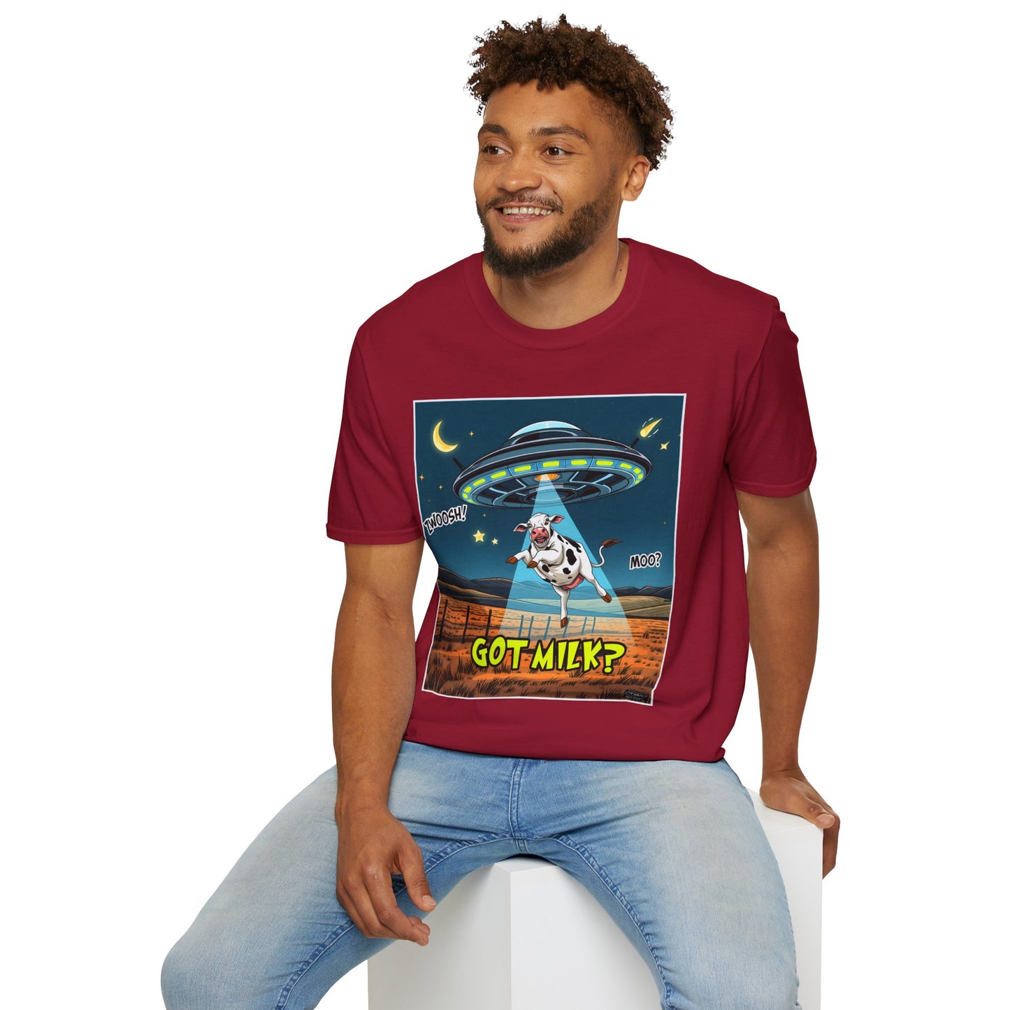 Got Milk? Cow UFO Unisex Softstyle T-Shirt – Fun Graphic Tee for Dairy Lovers, graphic tees, t-shirt, tshirt, graphic design, png