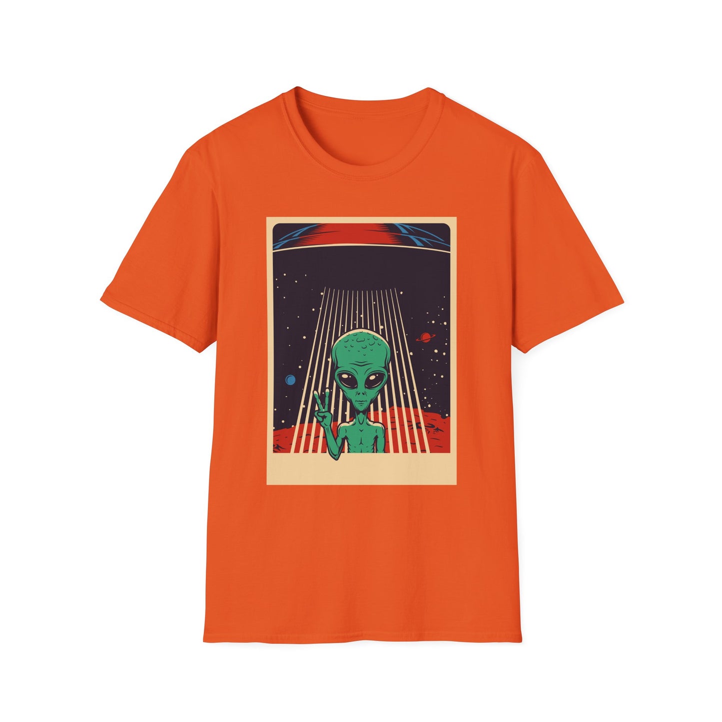 Cosmic Alien Peace Unisex Softstyle T-Shirt, Vintage UFO Tee, Space Lover Gift, Sci-Fi Fan Shirt, Trendy Graphic Tee, GraphicTees, t-shirts