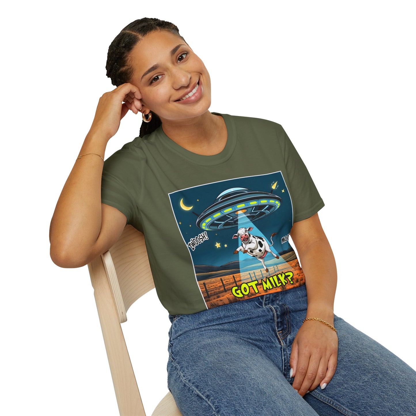 Got Milk? Cow UFO Unisex Softstyle T-Shirt – Fun Graphic Tee for Dairy Lovers, graphic tees, t-shirt, tshirt, graphic design, png
