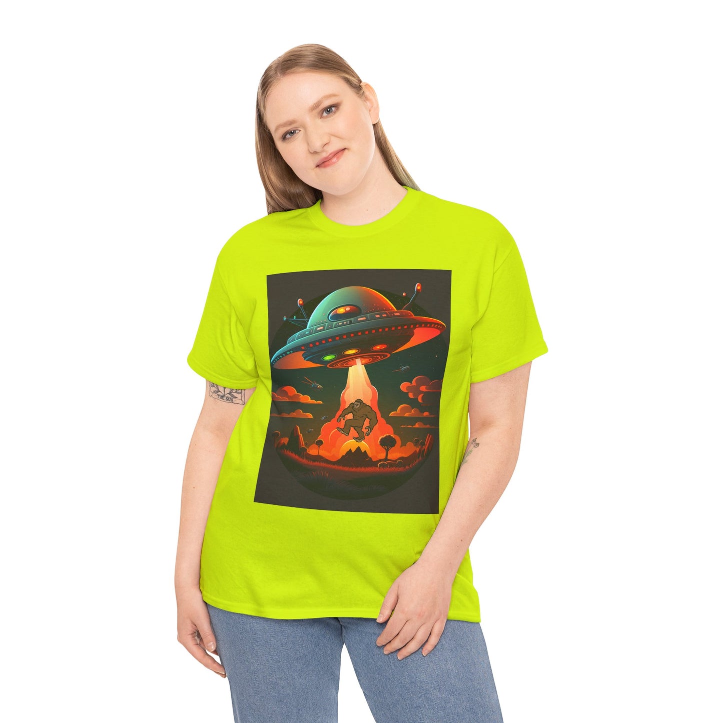 UFO, Bigfoot, Unisex Heavy Cotton Tee, graphic design, t-shirt, t-shirts, tshirts, png