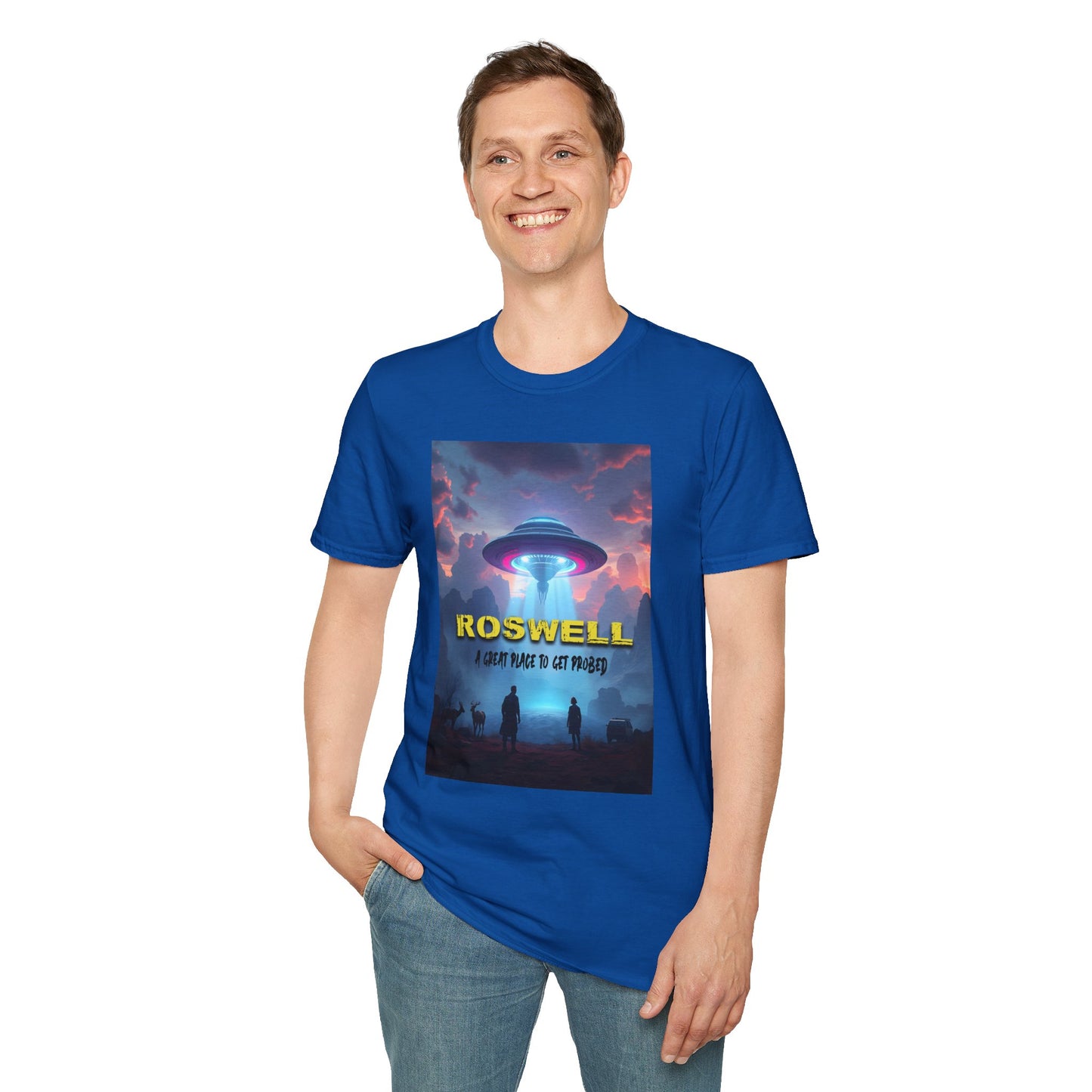 Roswell Probed Retro T-Shirt - Alien UFO Lover Gift, Sci-Fi Apparel, Extraterrestrial Tee, Unisex Softstyle Clothing, graphic design, png