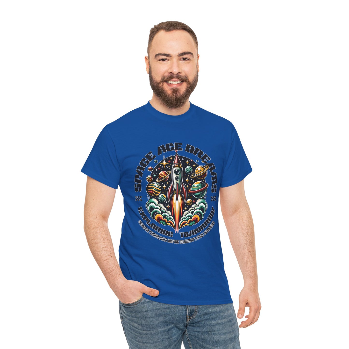 Space Age Dreams, Unisex Heavy Cotton Tee - Retro Rocket Design for Space Lovers, graphic design, png