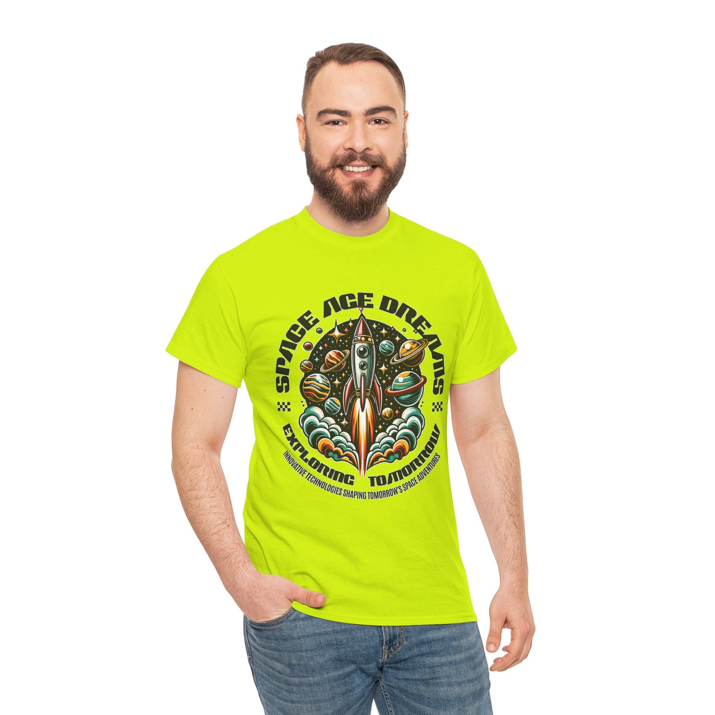 Space Age Dreams, Unisex Heavy Cotton Tee - Retro Rocket Design for Space Lovers, graphic design, png
