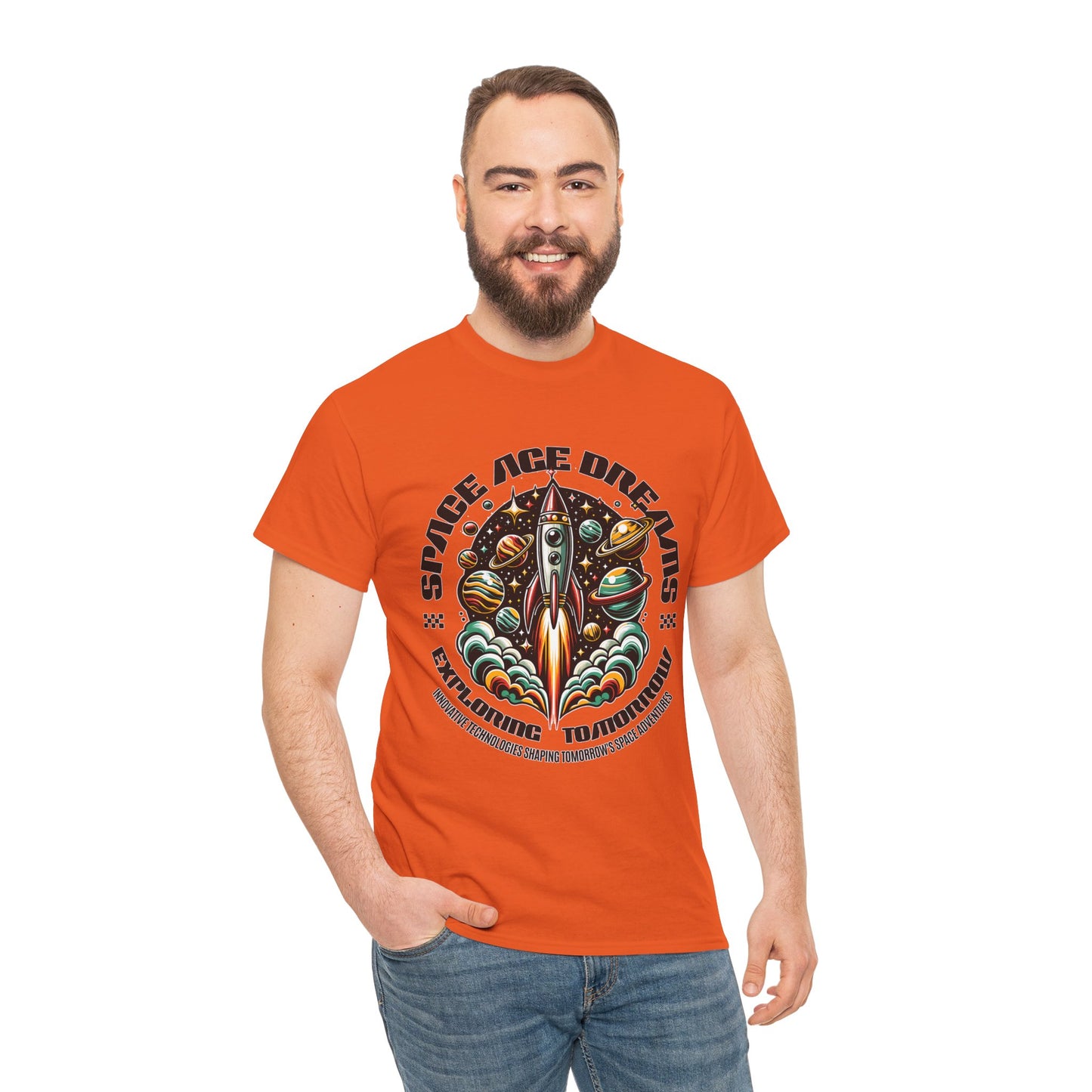 Space Age Dreams, Unisex Heavy Cotton Tee - Retro Rocket Design for Space Lovers, graphic design, png