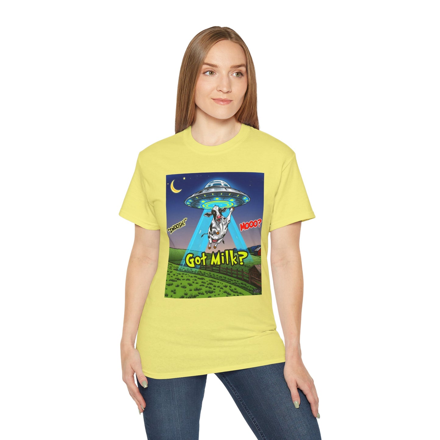 Got Milk? Funny Unisex Ultra Cotton Tee - Humorous Cow and UFO Design, graphic tee, t-shirts, tshirt, png, sublimation