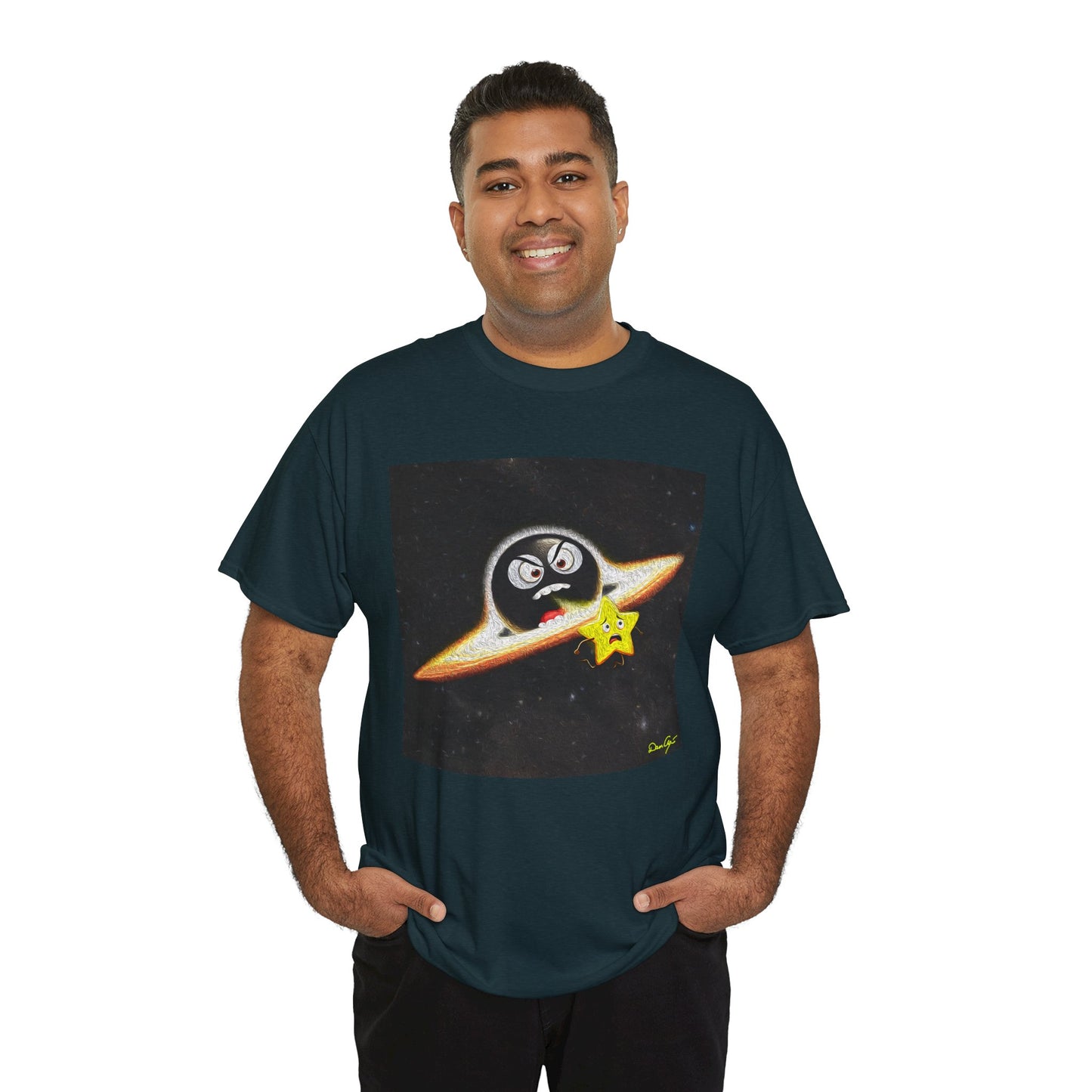 BlackHole Chasing Star, Space-Themed Unisex Heavy Cotton Tee with Cartoon Penguin Design, graphic design, png