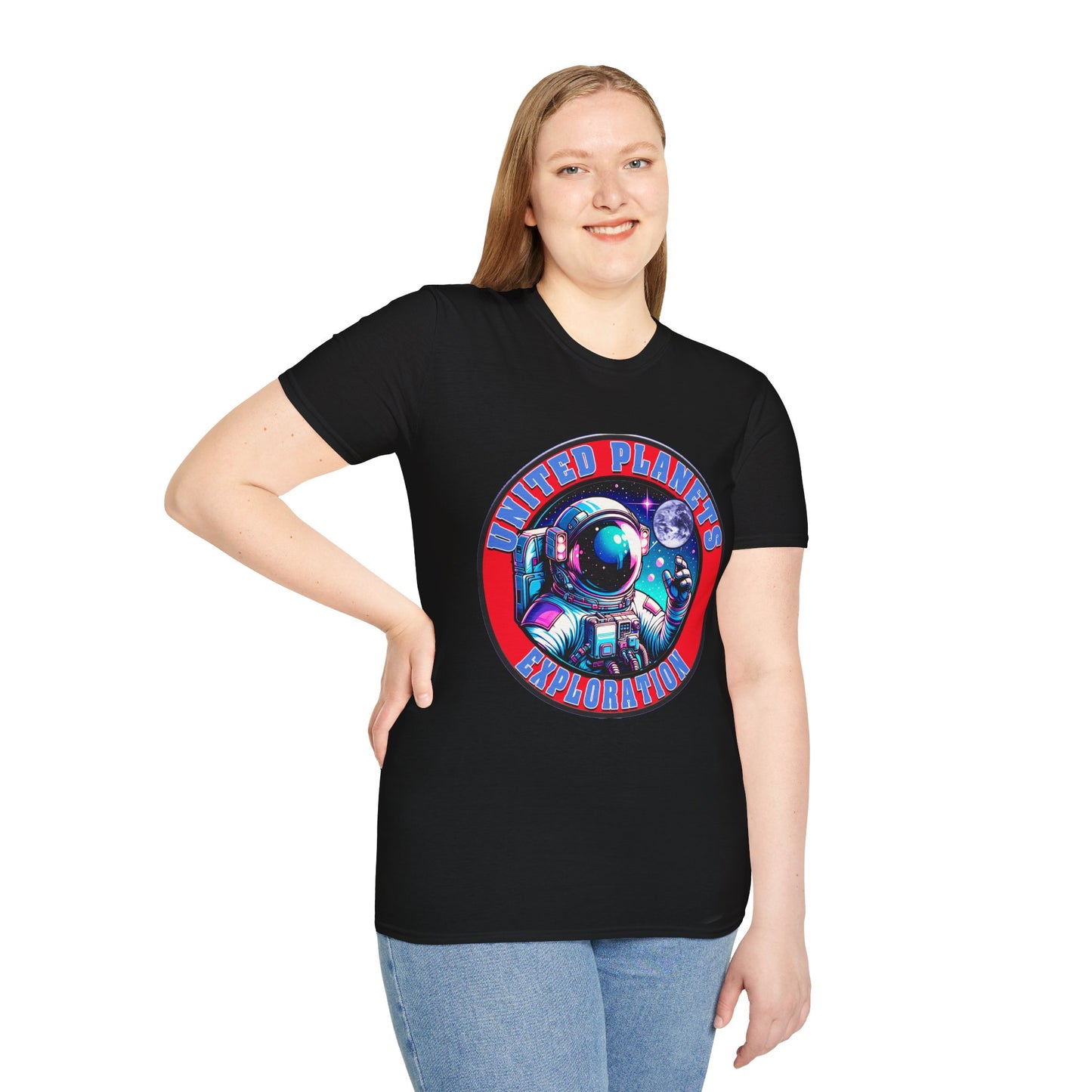 United Planets Exploration Astronaut T-Shirt, Science Themed Tee, Outer Space Shirt for Gift, Birthday, Unisex Softstyle Apparel