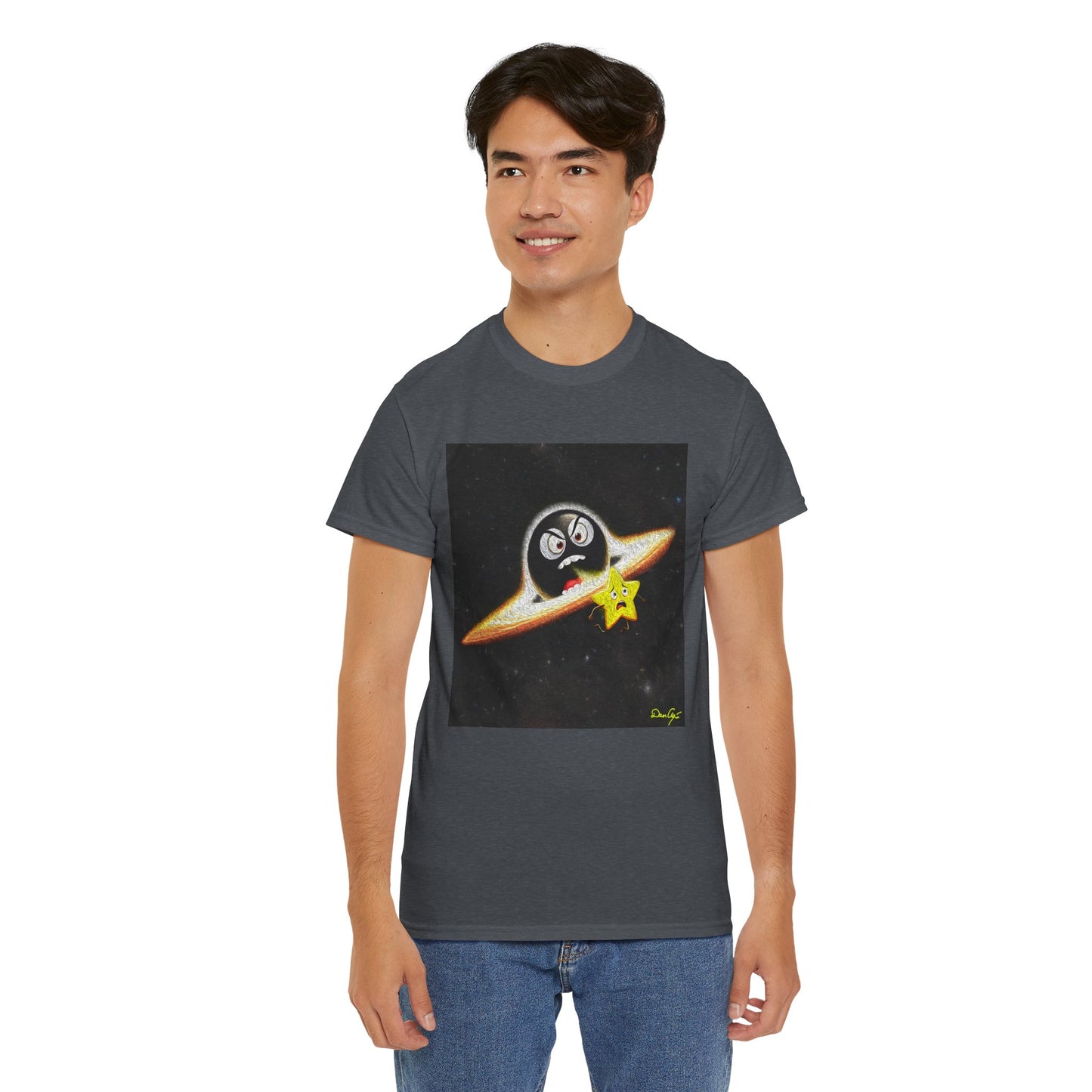 BlackHole Chasing Star, Space-Themed Unisex Heavy Cotton Tee with Cartoon Penguin Design, graphic design, png