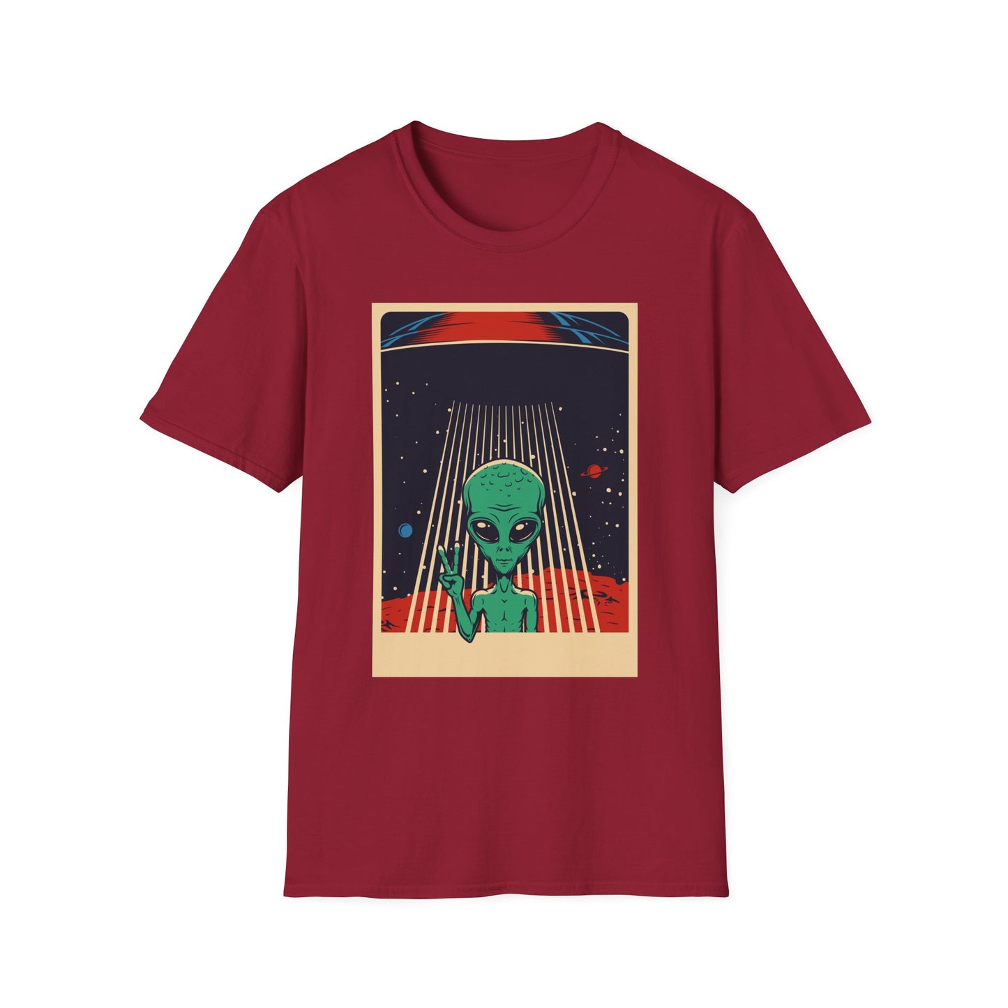 Cosmic Alien Peace Unisex Softstyle T-Shirt, Vintage UFO Tee, Space Lover Gift, Sci-Fi Fan Shirt, Trendy Graphic Tee, GraphicTees, t-shirts