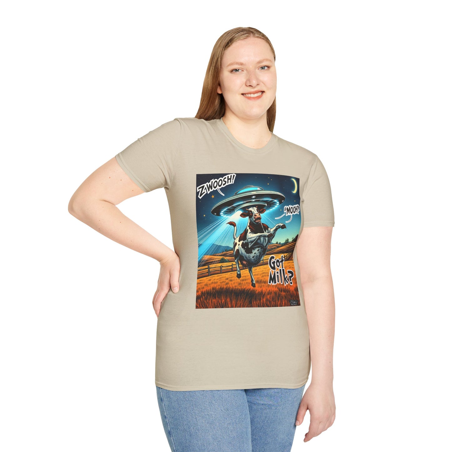 Funny Alien Cow T-Shirt - Got Milk? Unisex Soft style graphic Tee, UFO, galaxies, space, Blackhole, graphic design, png, sublimation