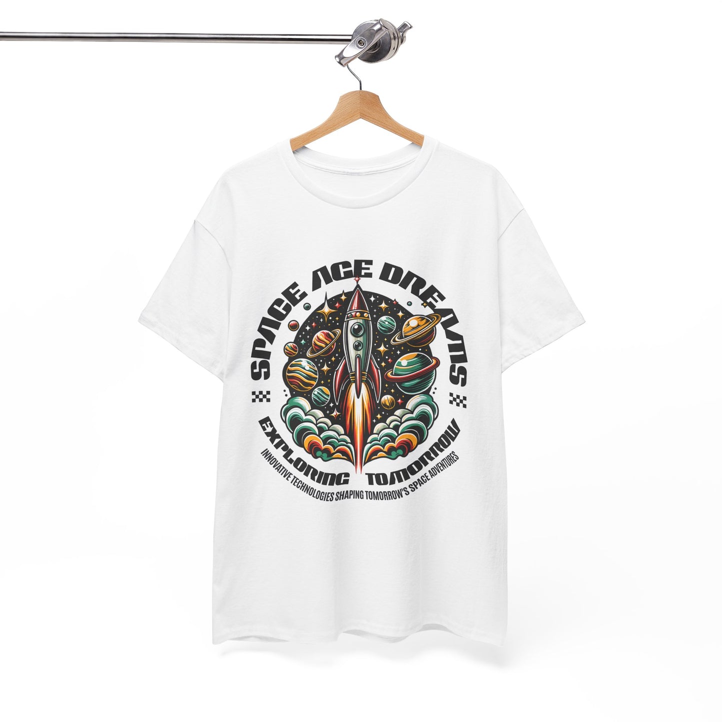 Space Age Dreams, Unisex Heavy Cotton Tee - Retro Rocket Design for Space Lovers, graphic design, png