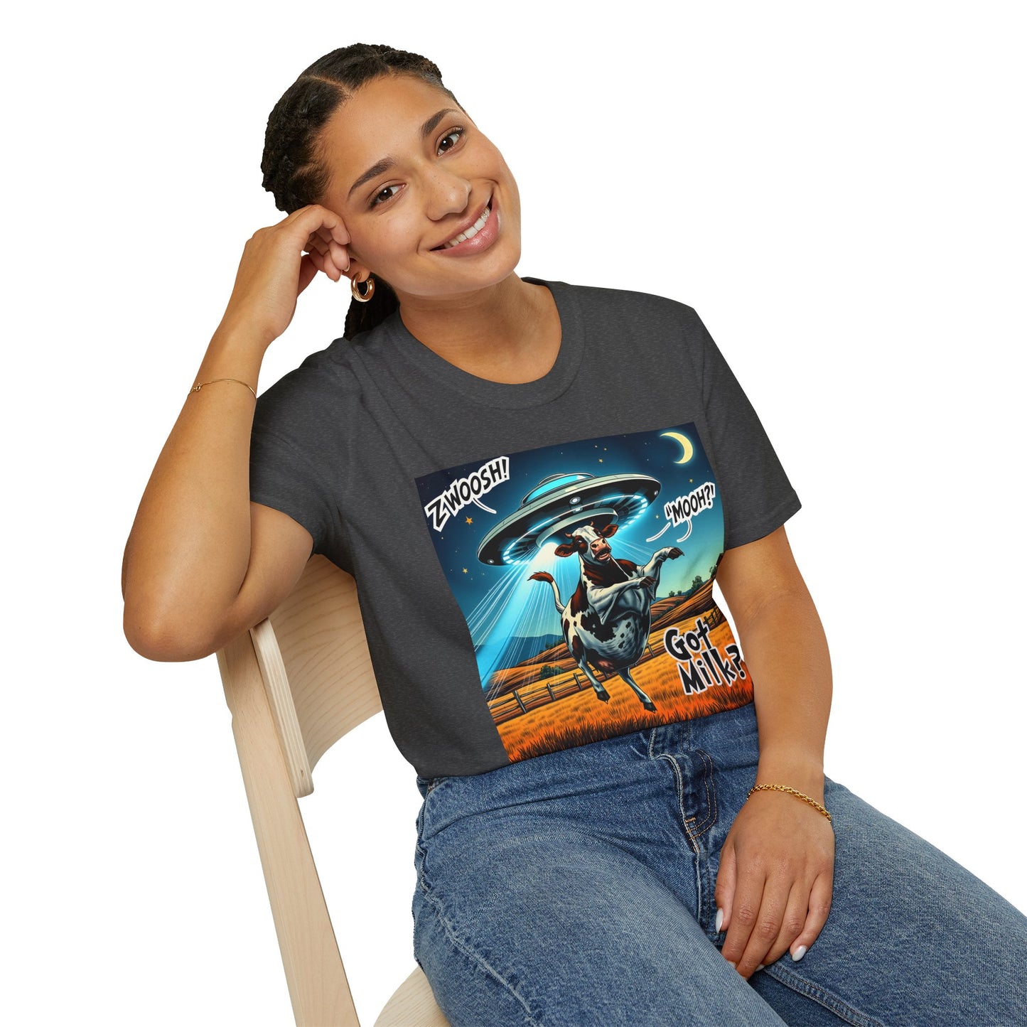 Funny Alien Cow T-Shirt - Got Milk? Unisex Soft style graphic Tee, UFO, galaxies, space, Blackhole, graphic design, png, sublimation