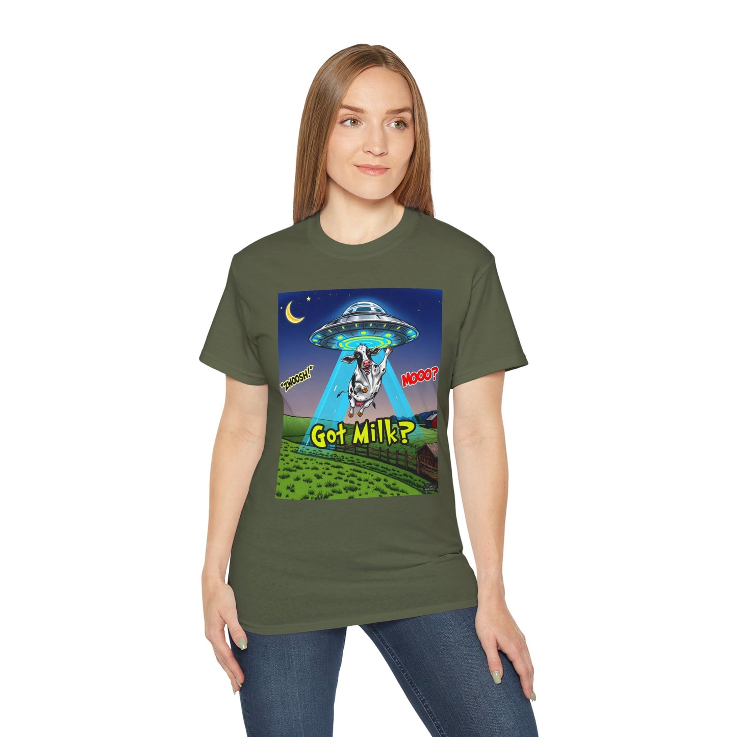 Got Milk? Funny Unisex Ultra Cotton Tee - Humorous Cow and UFO Design, graphic tee, t-shirts, tshirt, png, sublimation