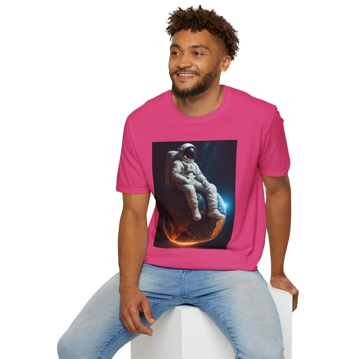 Sitting on an Earth, Cosmic Astronaut T-Shirt, Unisex Graphic Tee, Space Lover Gift, Casual Wear, Astronomy Fan Shirt, Graphic Tee, t-shirt, tshirt, png