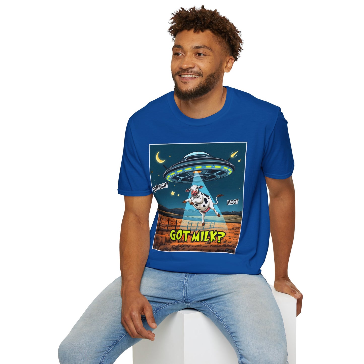 Got Milk? Cow UFO Unisex Softstyle T-Shirt – Fun Graphic Tee for Dairy Lovers, graphic tees, t-shirt, tshirt, graphic design, png