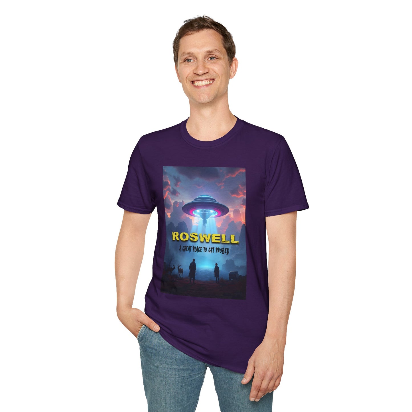 Roswell Probed Retro T-Shirt - Alien UFO Lover Gift, Sci-Fi Apparel, Extraterrestrial Tee, Unisex Softstyle Clothing, graphic design, png