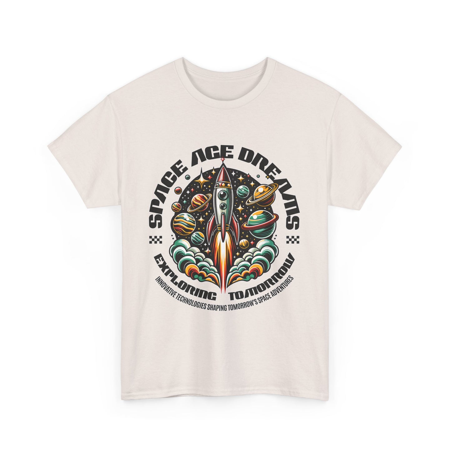 Space Age Dreams, Unisex Heavy Cotton Tee - Retro Rocket Design for Space Lovers, graphic design, png